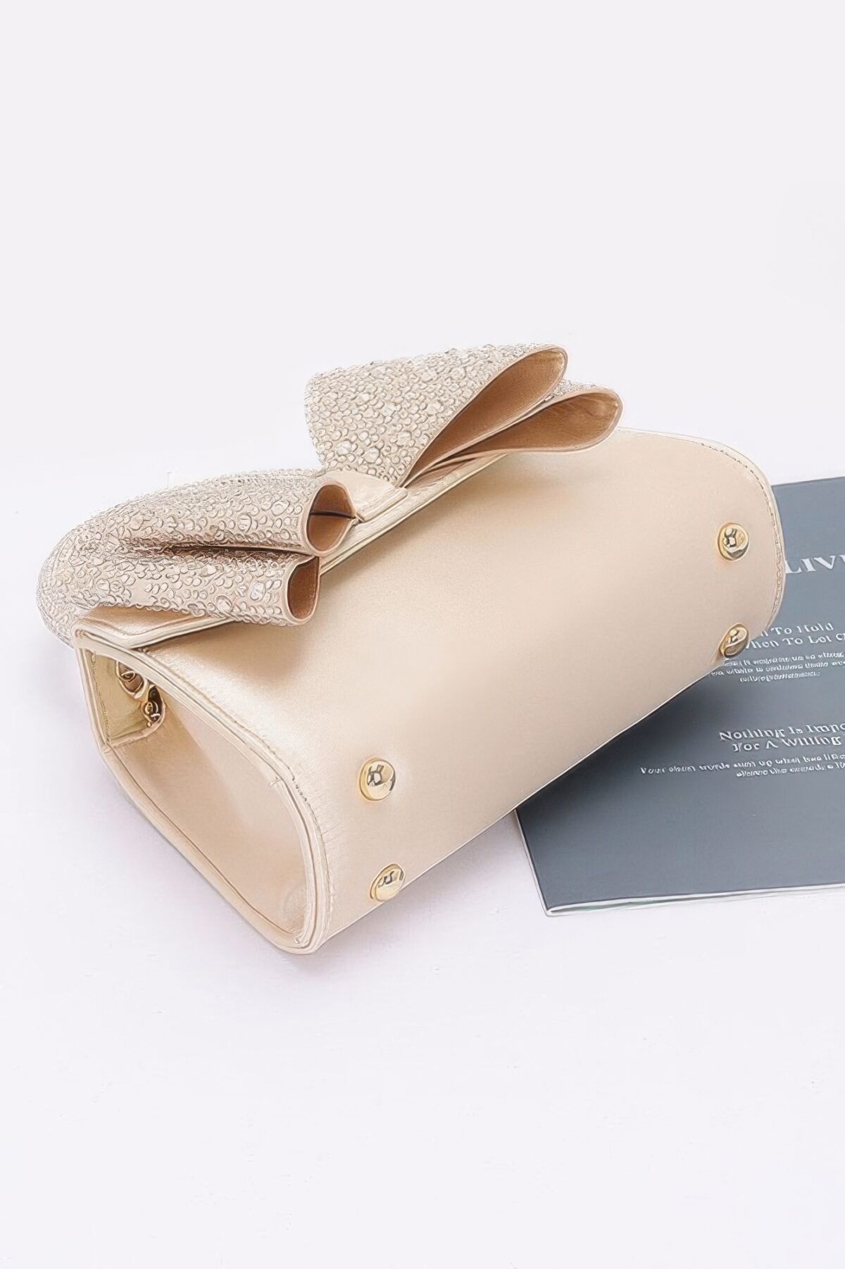 Rhinestone Ribbon Top Handle Satin Flap Bag - Image 3