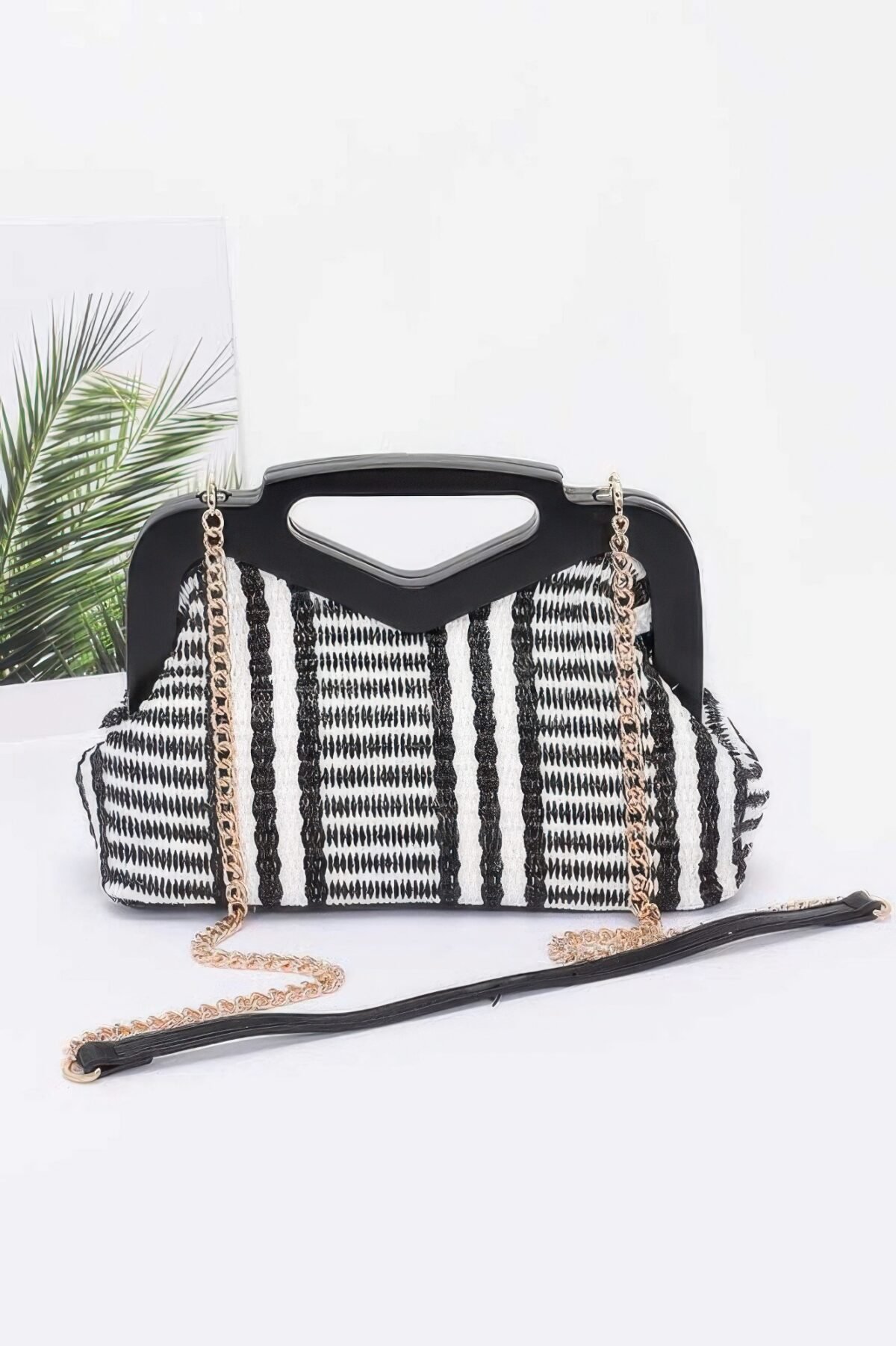 Faux Straw Wood Frame Clutch - Image 1