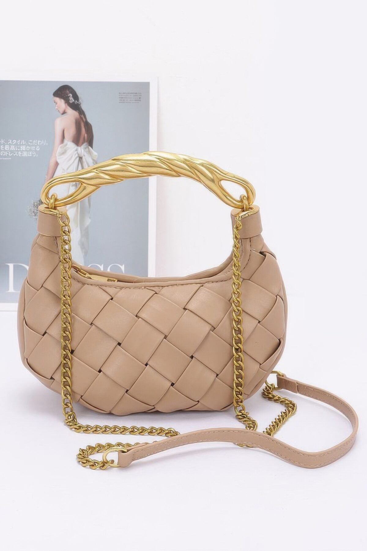 Faux Leather Braided Metal Handle Bag - Image 1