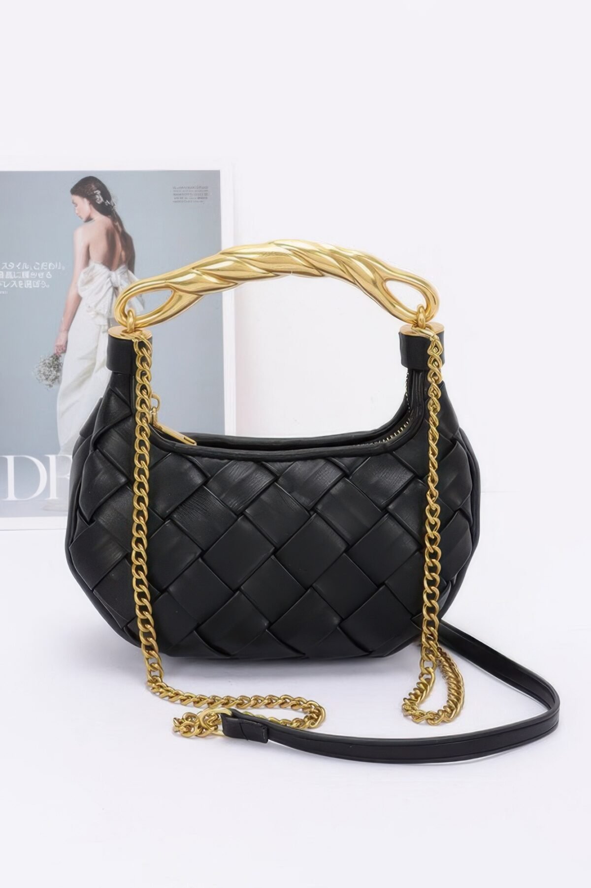 Faux Leather Braided Metal Handle Bag - Image 2