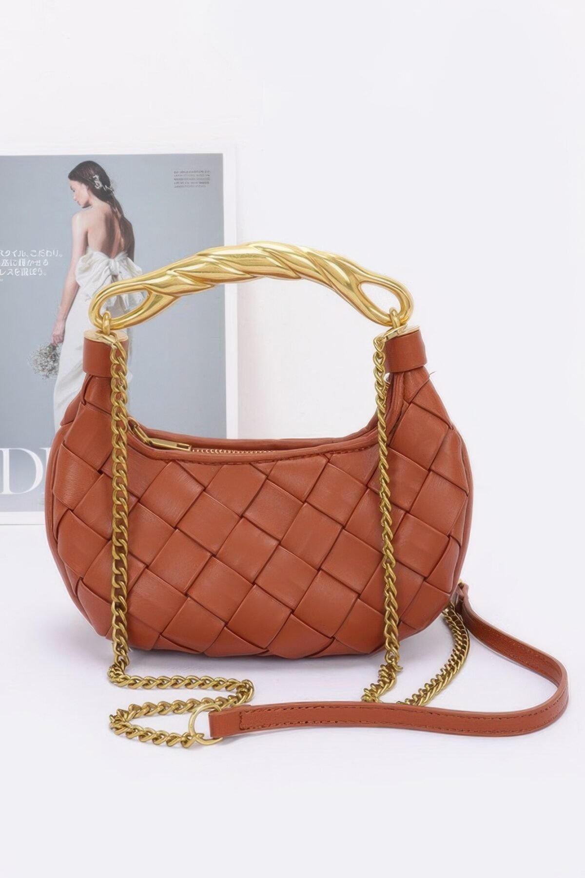 Faux Leather Braided Metal Handle Bag - Image 3