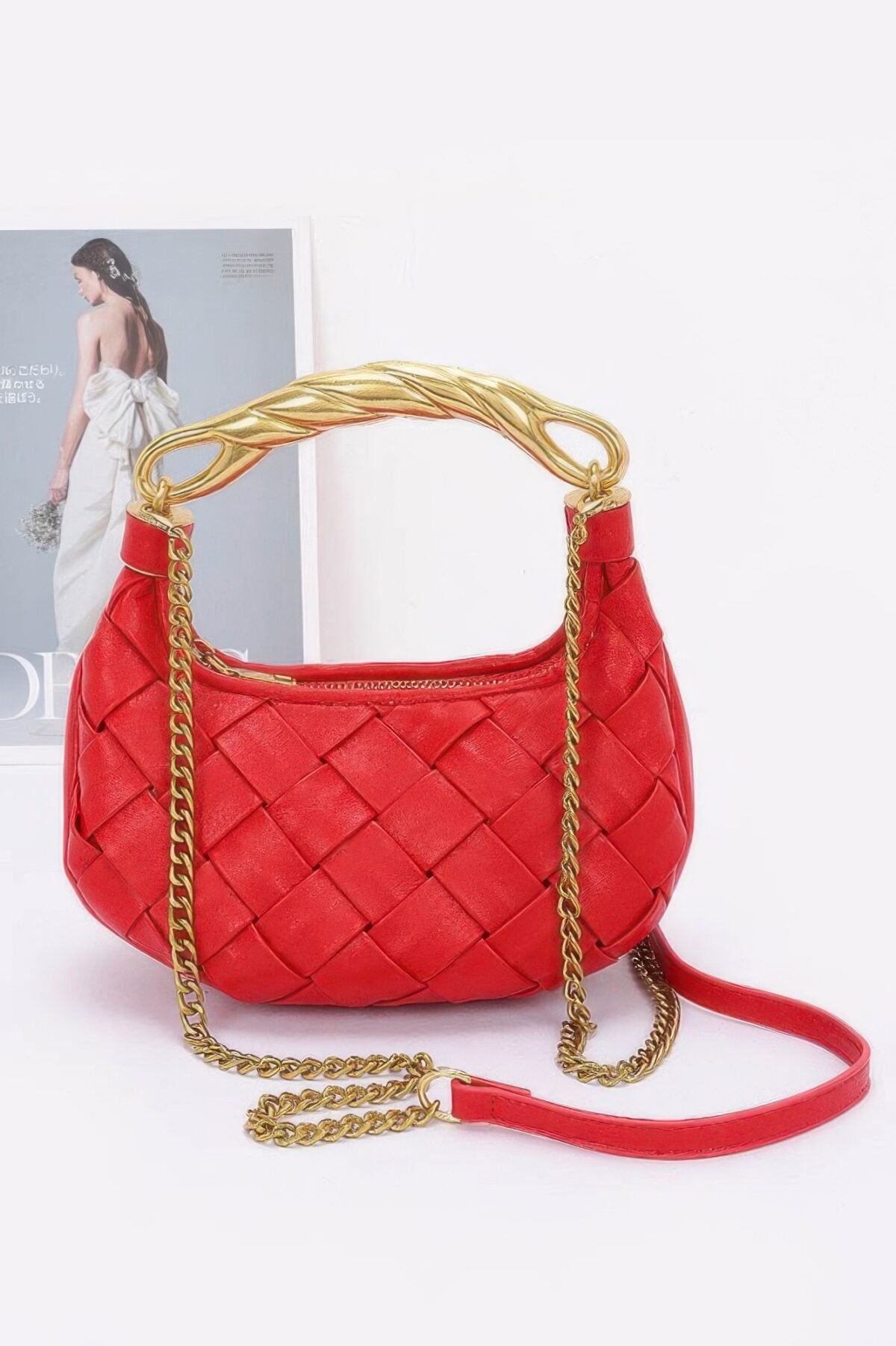 Faux Leather Braided Metal Handle Bag - Image 4