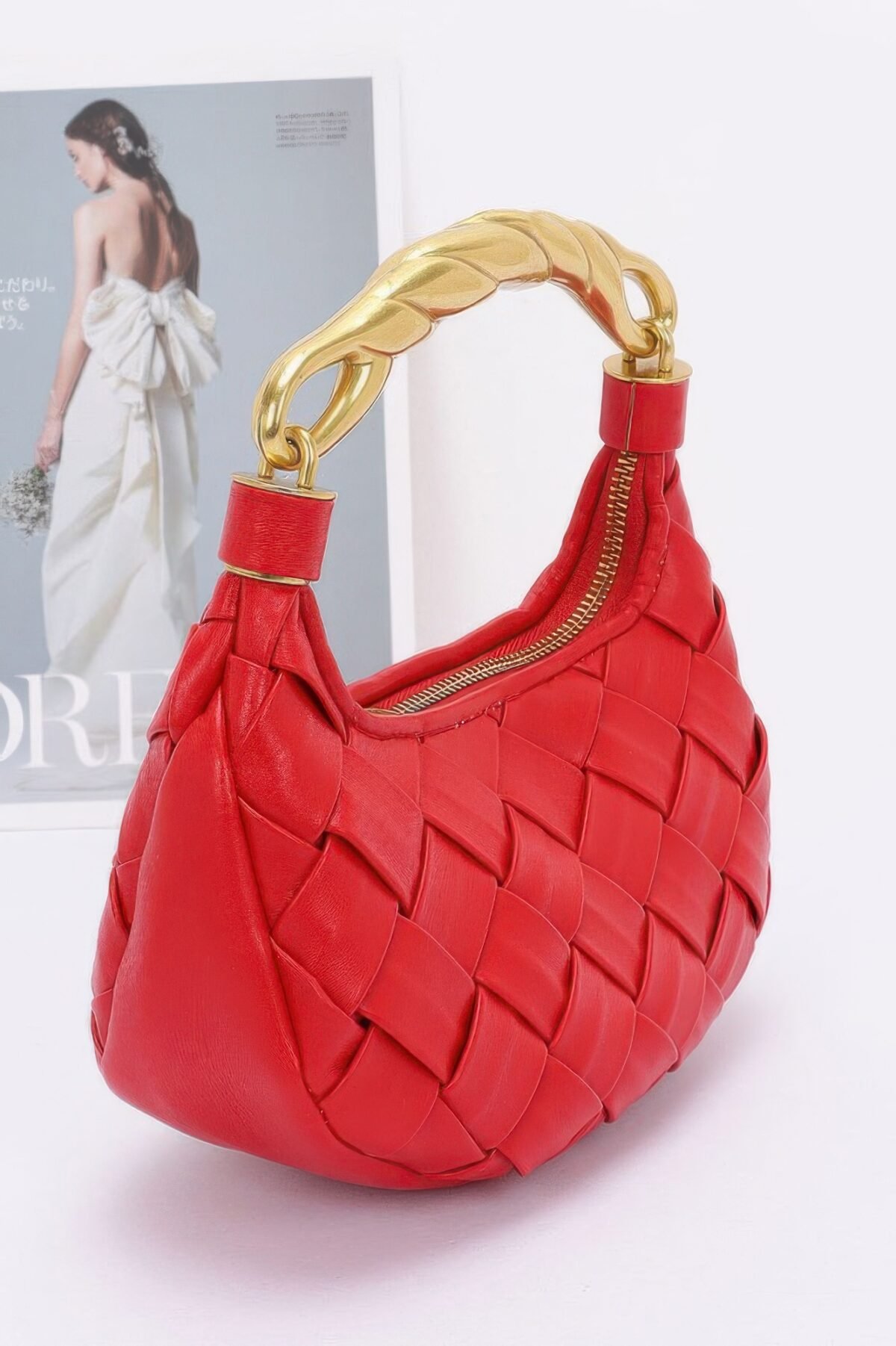 Faux Leather Braided Metal Handle Bag - Image 5