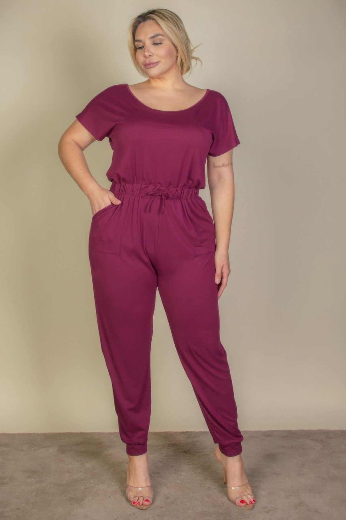 Plus Size Solid Drawstring Short Sleeve Jumpsuit - Image 2