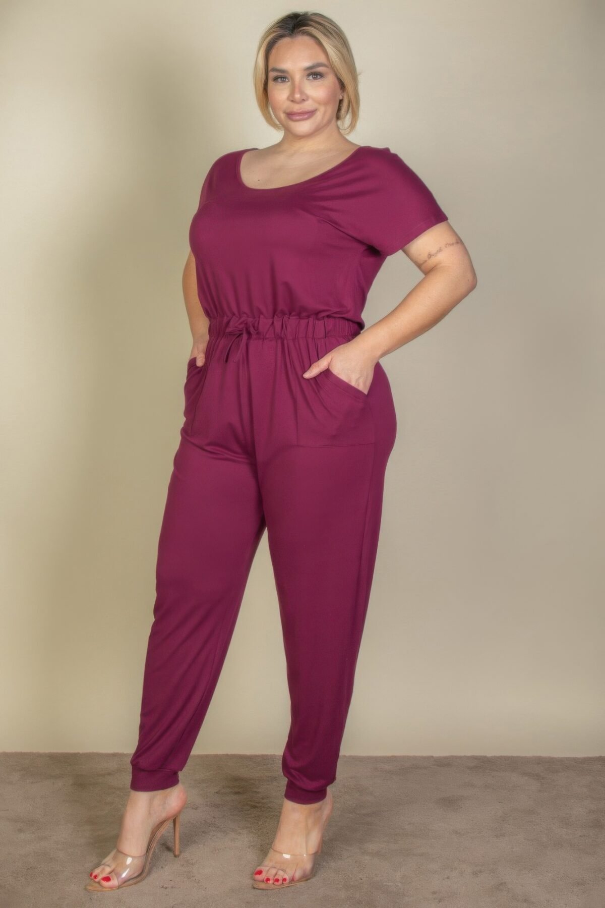 Plus Size Solid Drawstring Short Sleeve Jumpsuit - Image 3