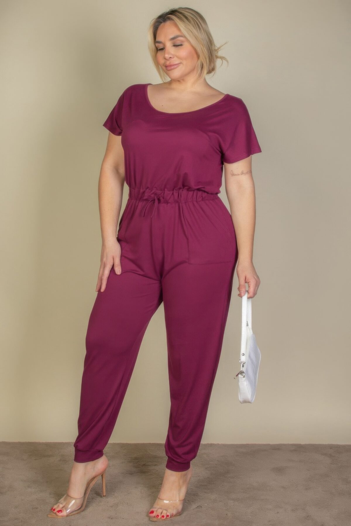 Plus Size Solid Drawstring Short Sleeve Jumpsuit - Image 4