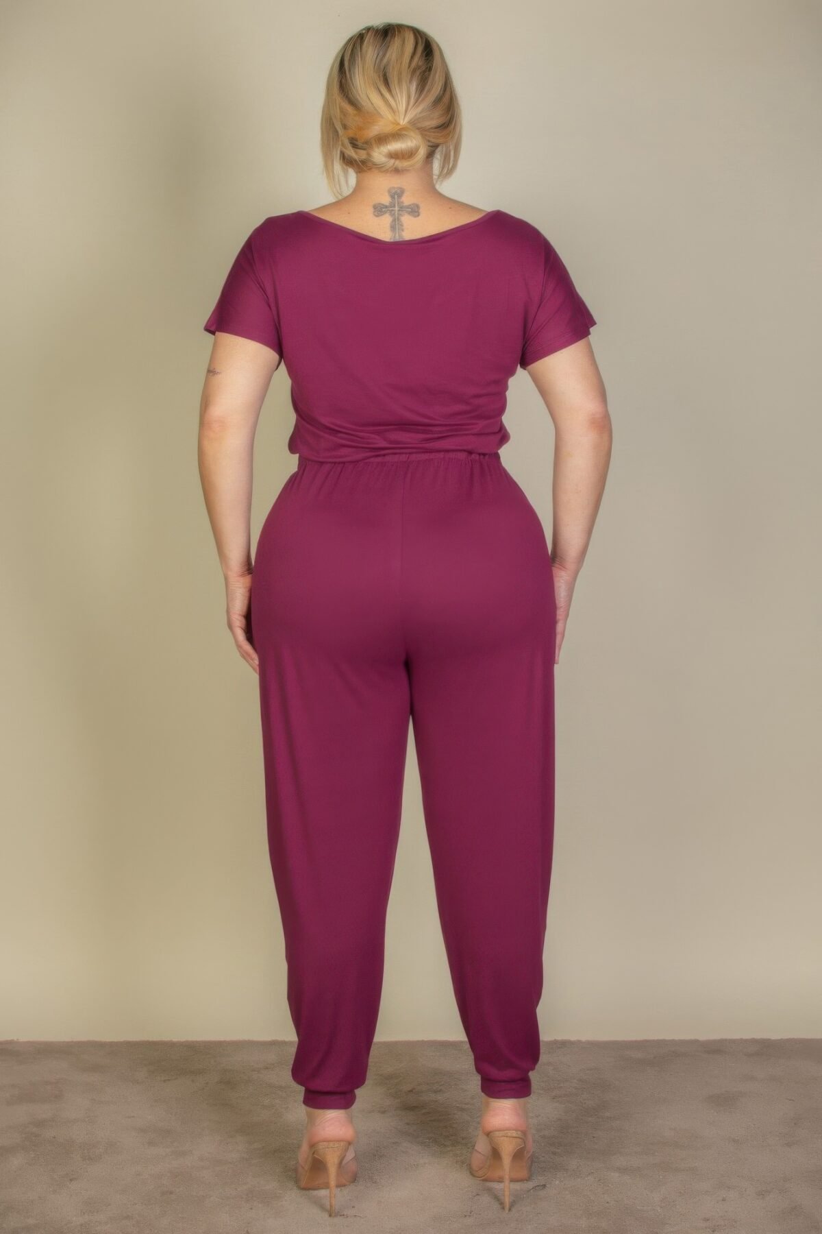 Plus Size Solid Drawstring Short Sleeve Jumpsuit - Image 6