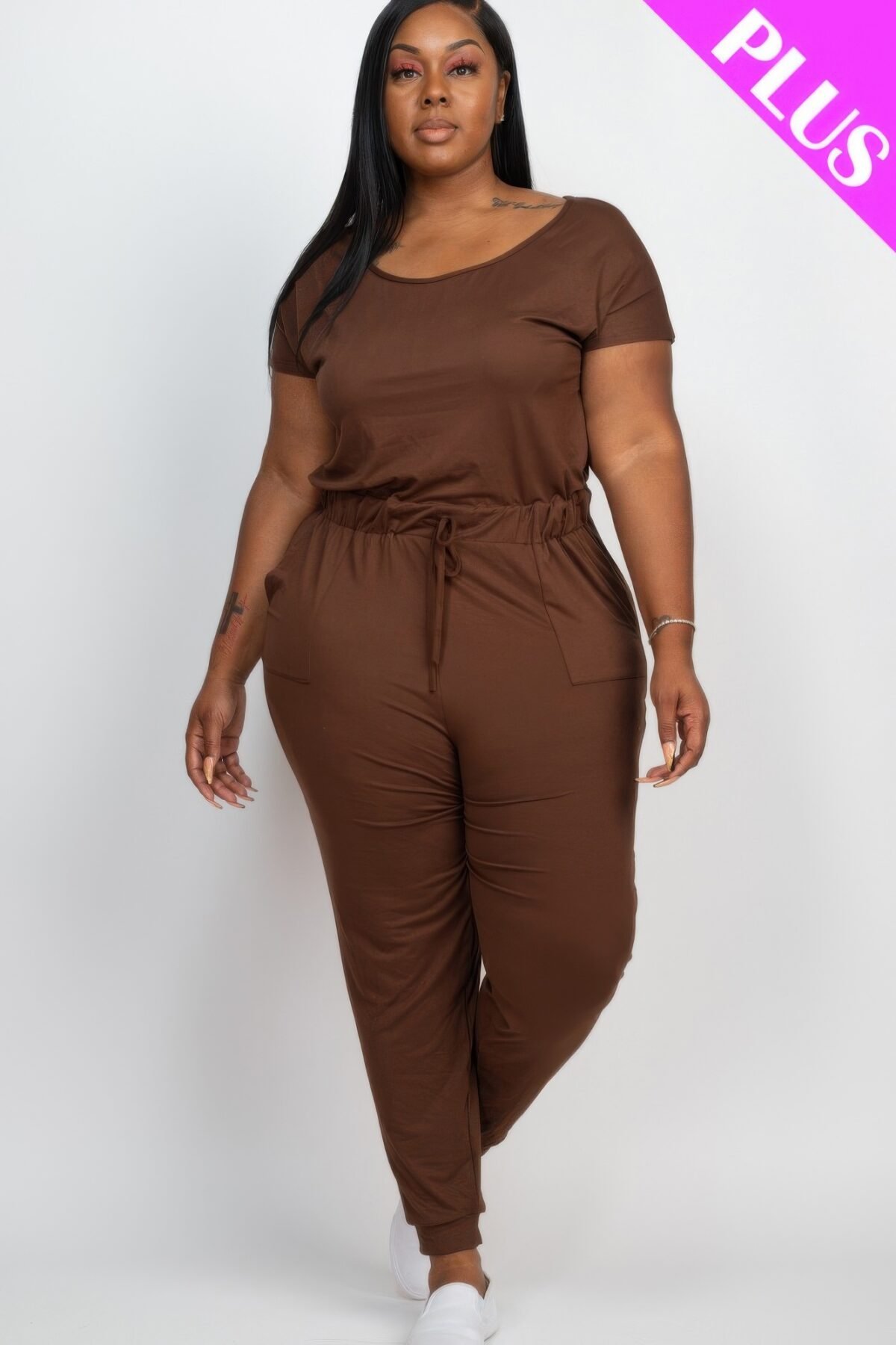 Plus Size Solid Drawstring Short Sleeve Jumpsuit - Image 5