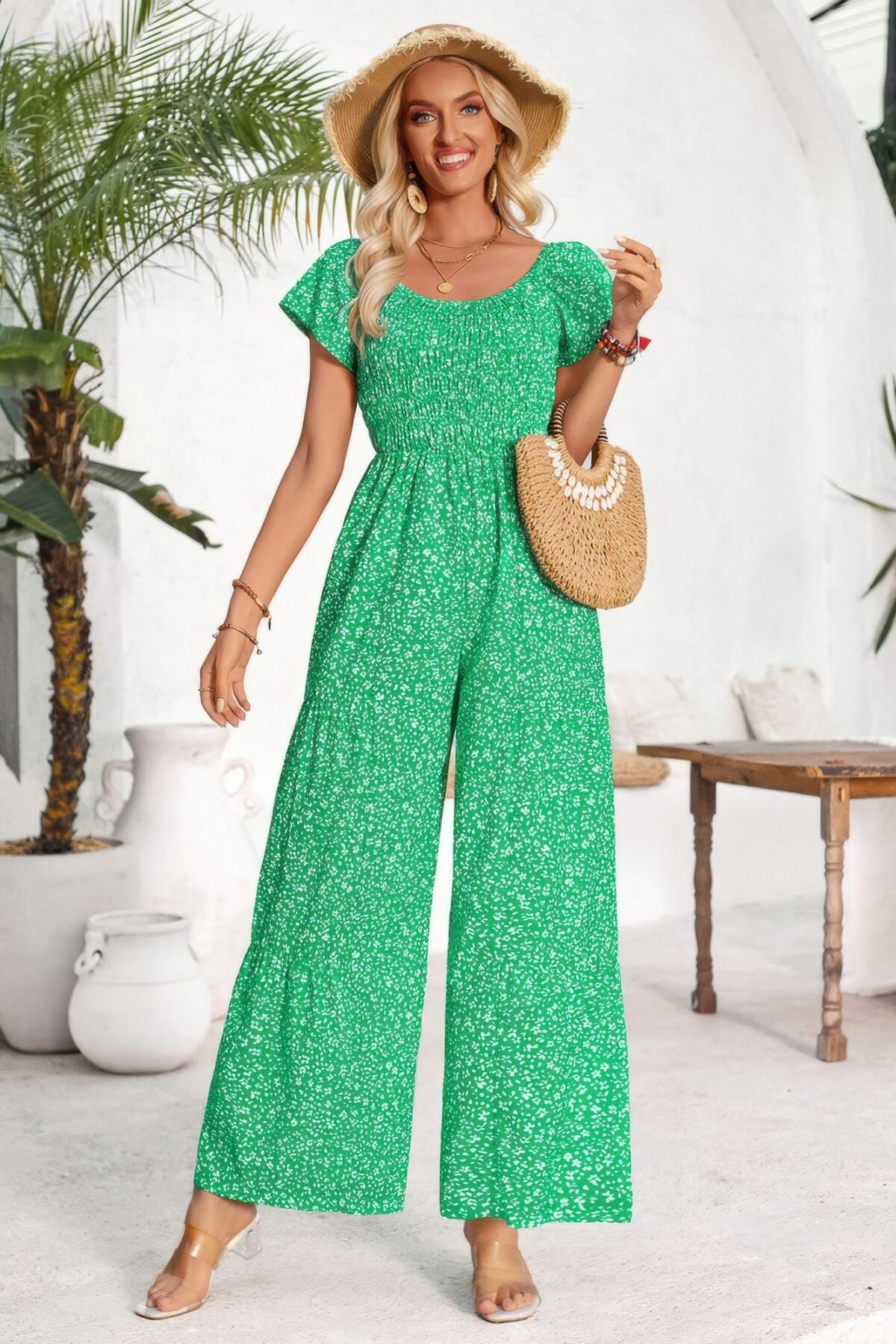 Square Neck Ruched Dot Print Wide Leg Jumpsuit - Image 7