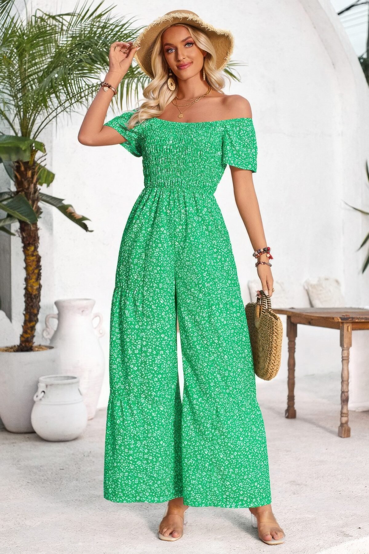 Square Neck Ruched Dot Print Wide Leg Jumpsuit - Image 8