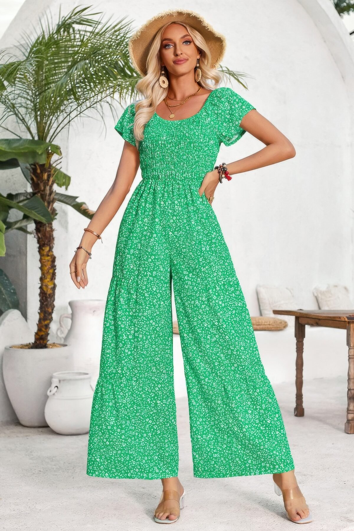 Square Neck Ruched Dot Print Wide Leg Jumpsuit - Image 9