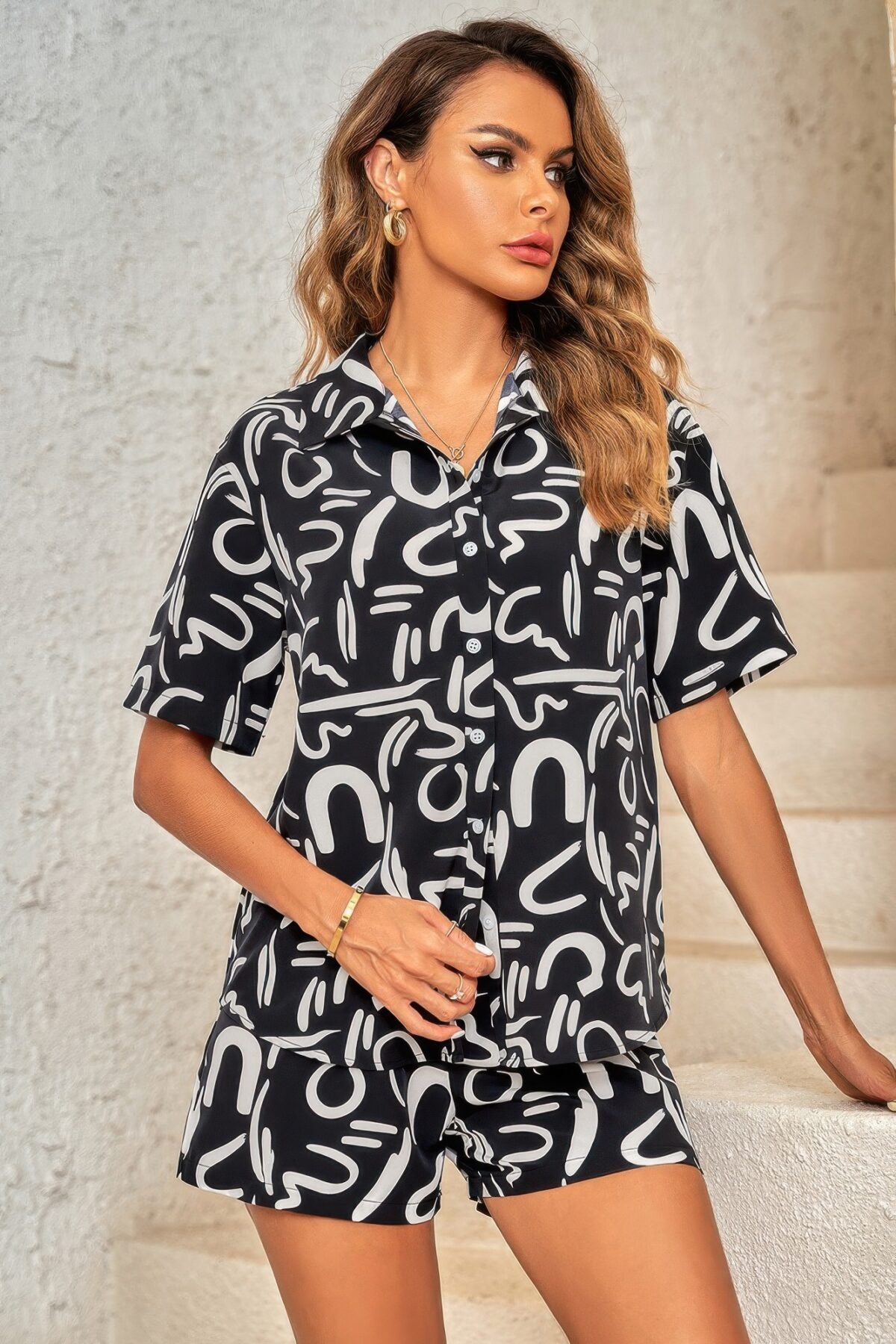 Outfit Sequins Lips Print Button Down Shorts Set - Image 8