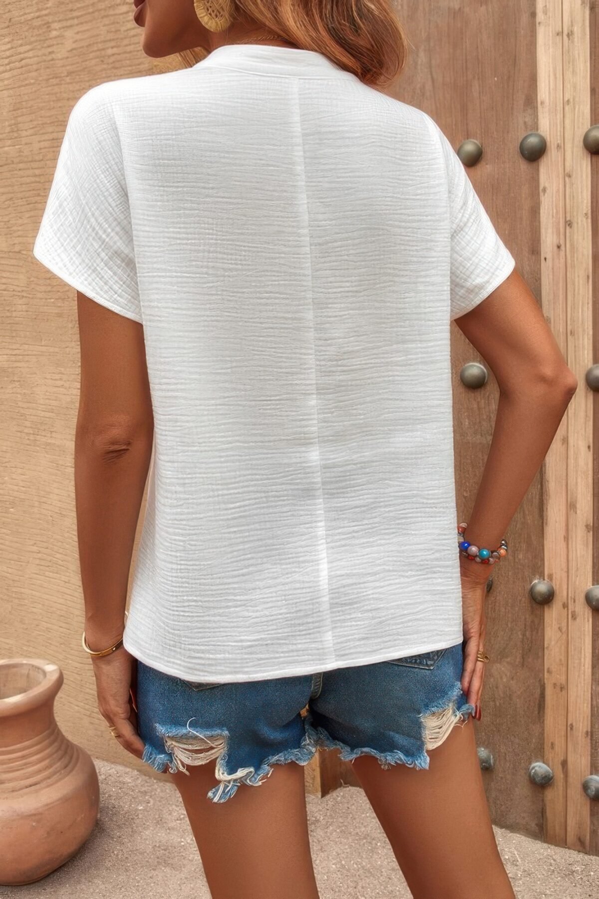 Solid V Neck Batwing Sleeve Loose Blouse - Image 5