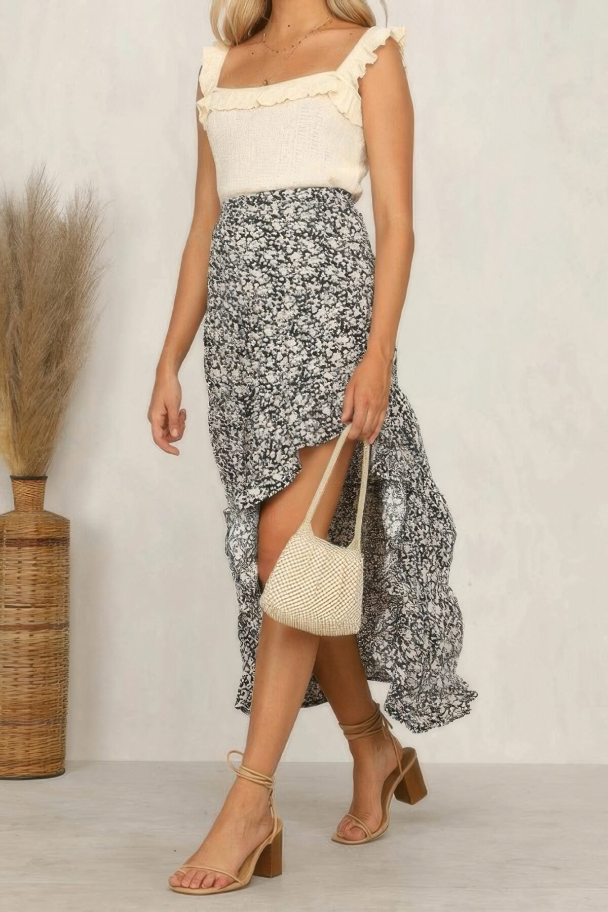 Boho Floral Print Midi Skirt Casual Side Slit Skirt - Image 3
