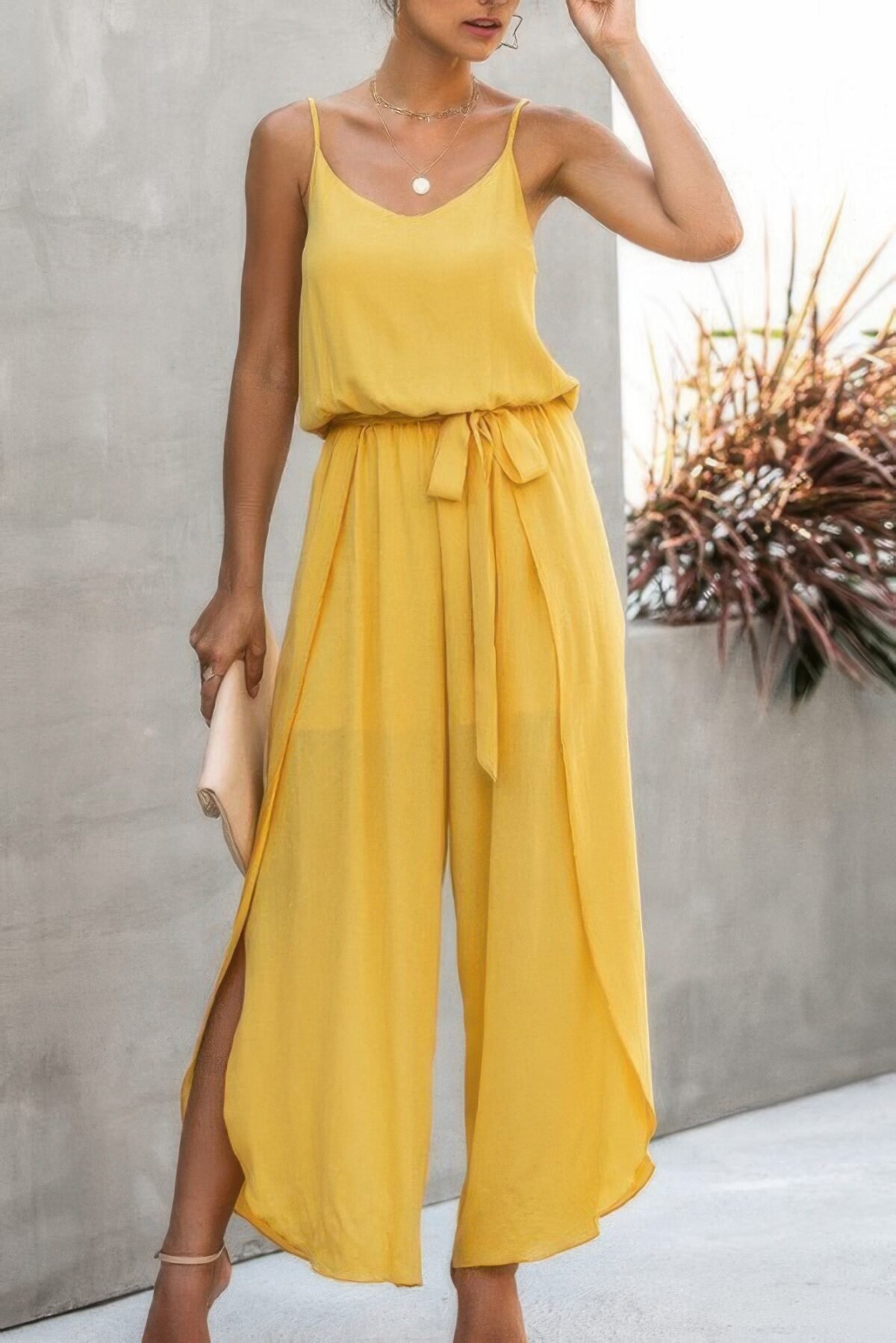 V Neck Suspenders Wide Leg Side Slit Jumpsuit - Image 3