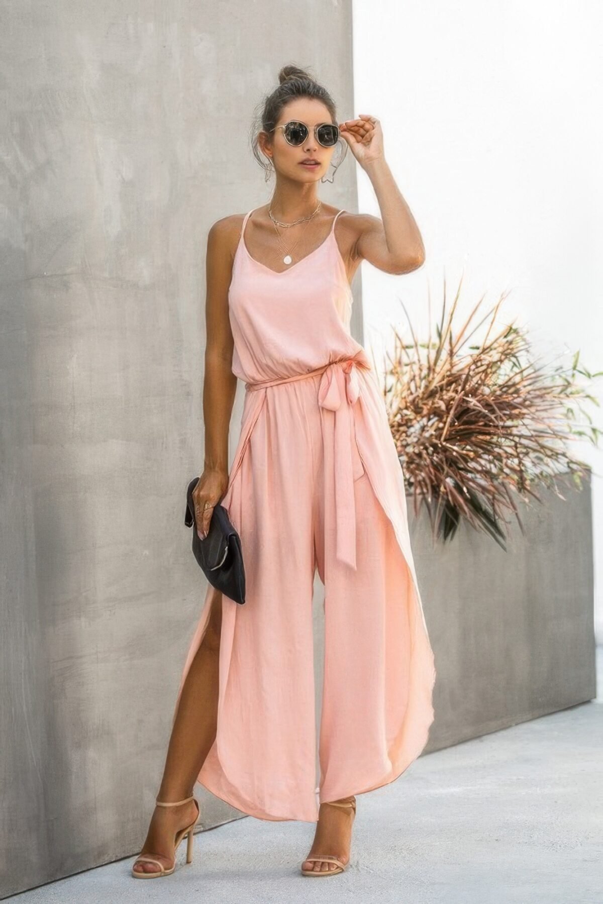 V Neck Suspenders Wide Leg Side Slit Jumpsuit - Image 6