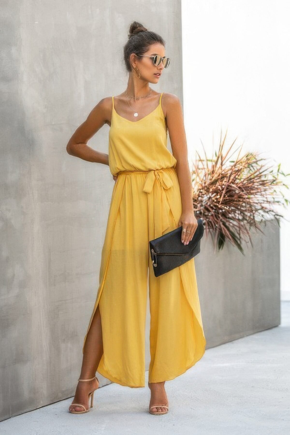 V Neck Suspenders Wide Leg Side Slit Jumpsuit - Image 8