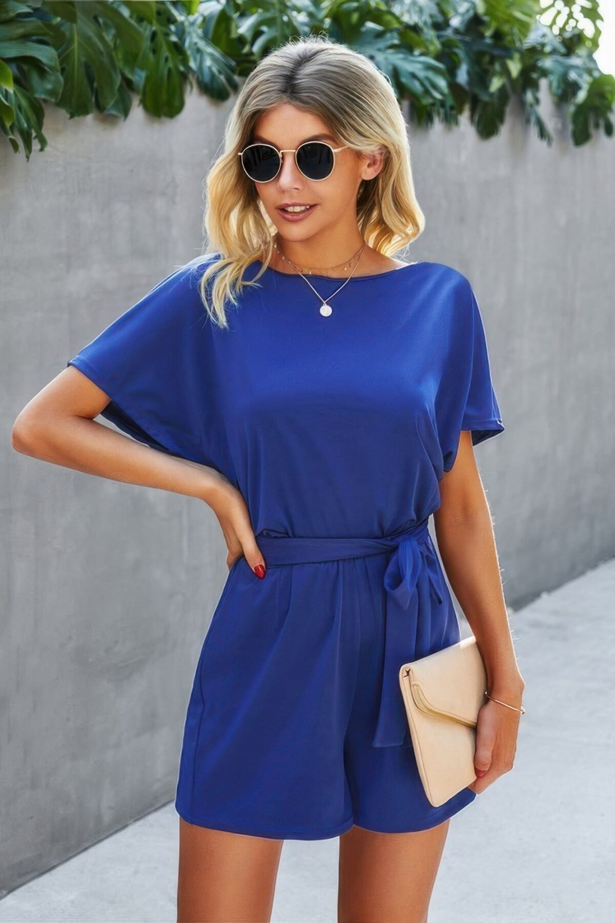 Boat Neck Short Sleeve Waist Tie Loose Romper - Image 1