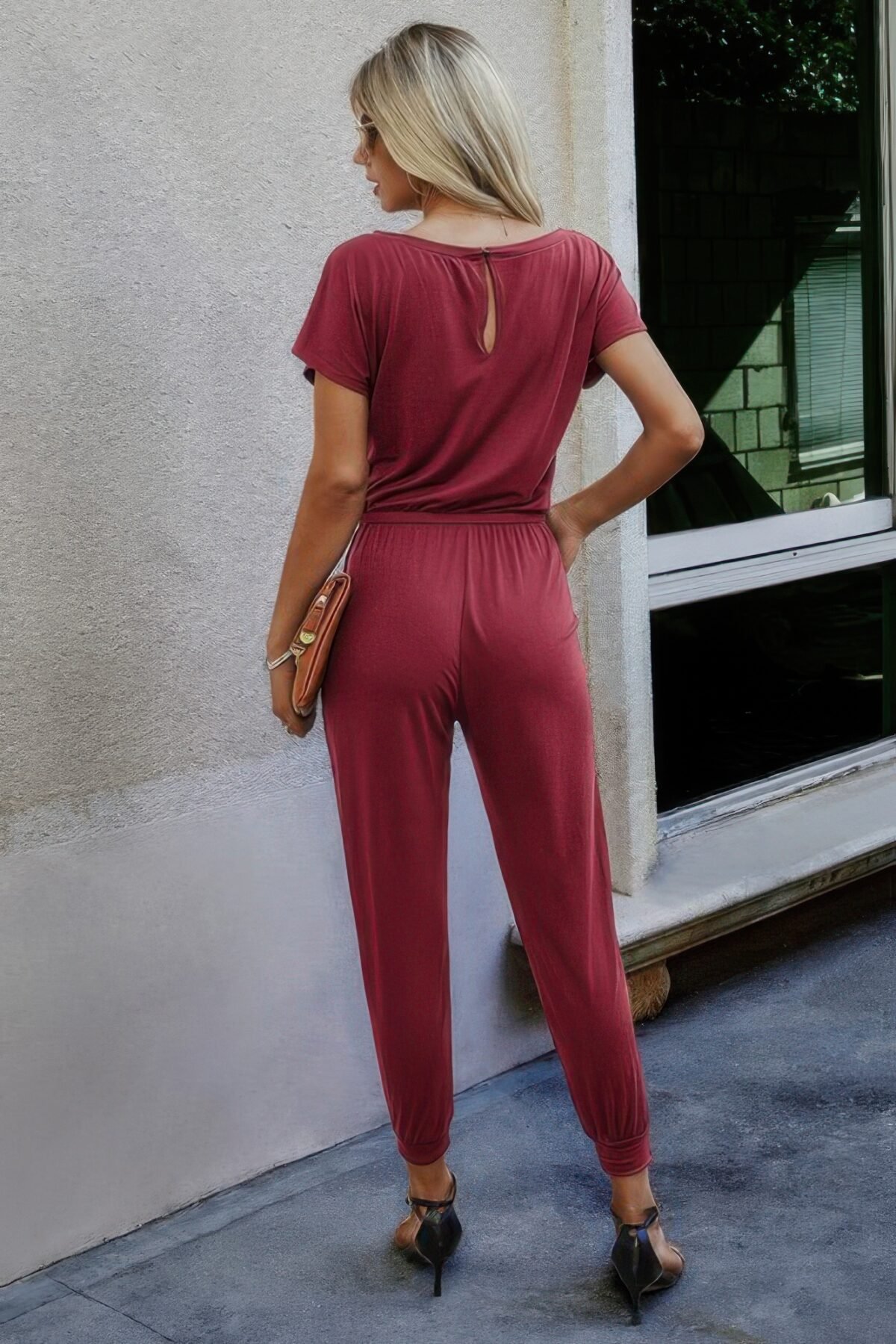 Solid Slant Shoulder Short Sleeve Jumpsuit - Image 3