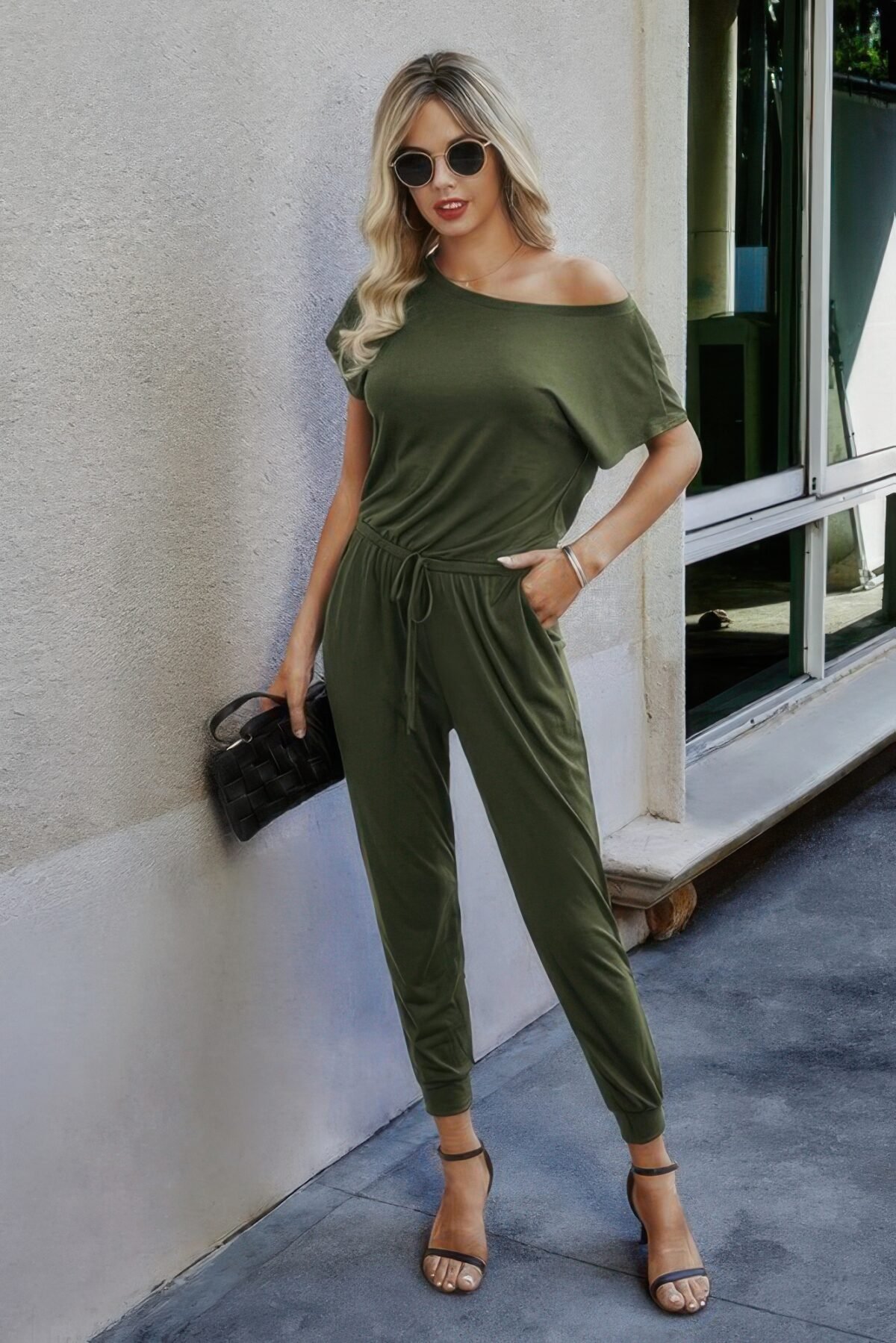 Solid Slant Shoulder Short Sleeve Jumpsuit - Image 4