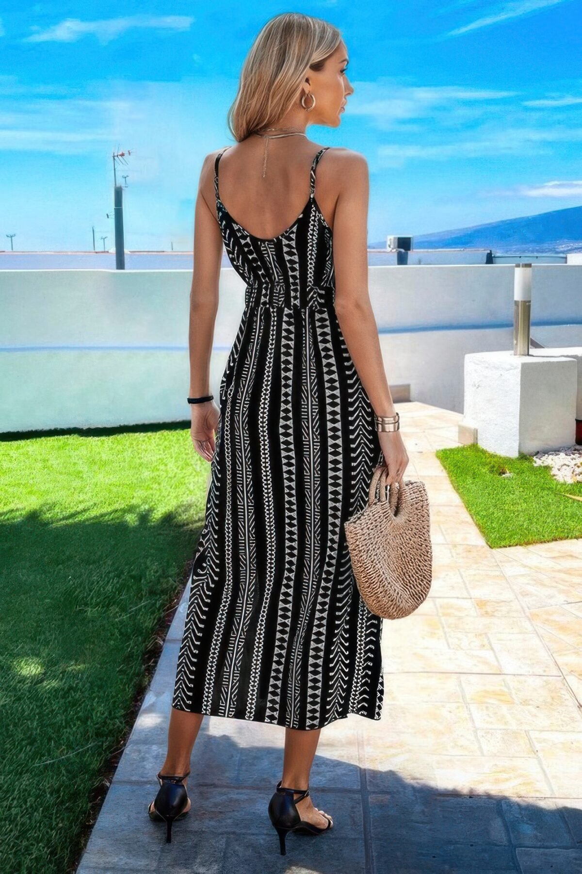 V Neck Geo Print Split Thigh Sleeveless Cami Dress - Image 2