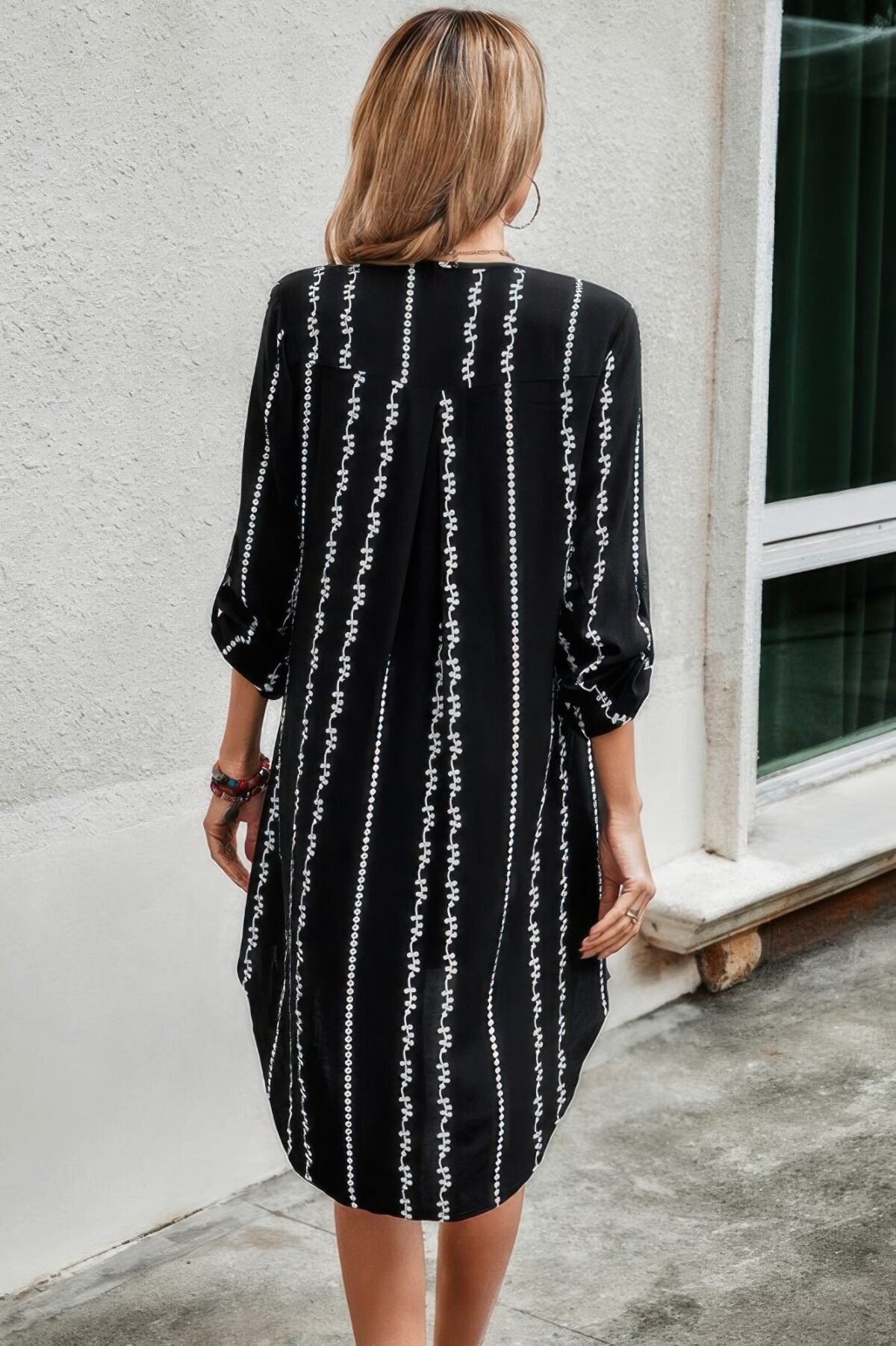 Striped Print Roll Tab Sleeve Tunic Loose Dress - Image 5