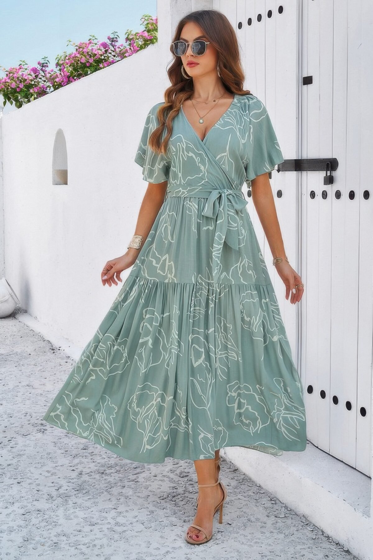 Allover Print V Neck Fit Belt A Line Long Dress - Image 2