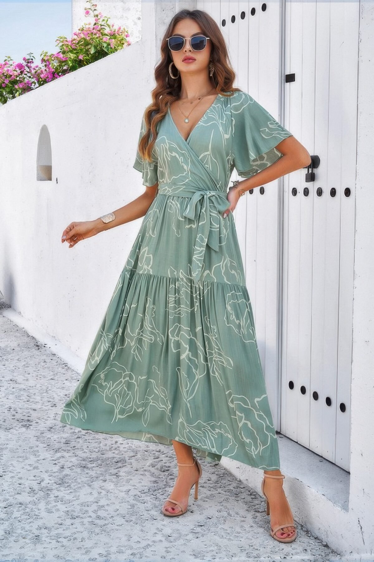Allover Print V Neck Fit Belt A Line Long Dress - Image 3