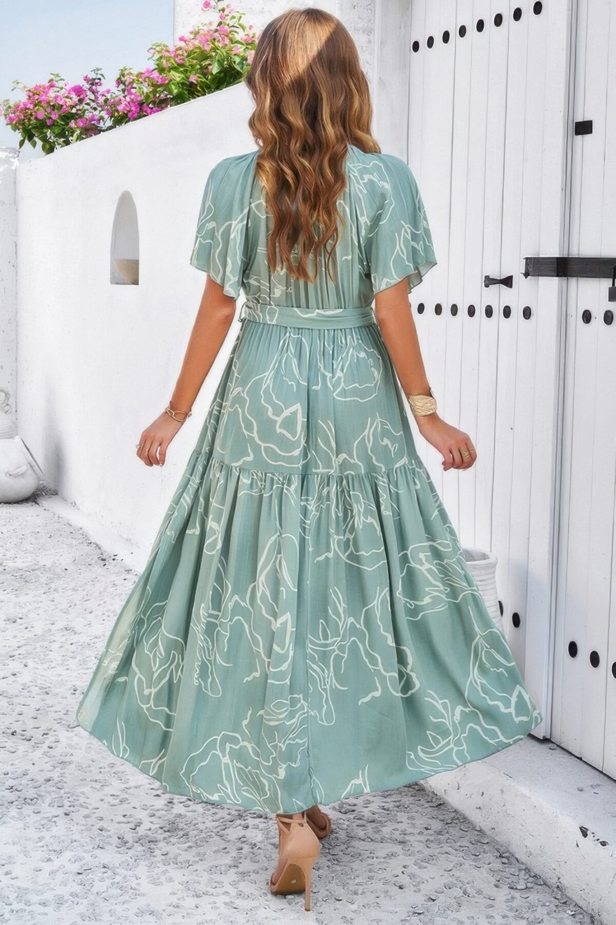Allover Print V Neck Fit Belt A Line Long Dress - Image 5