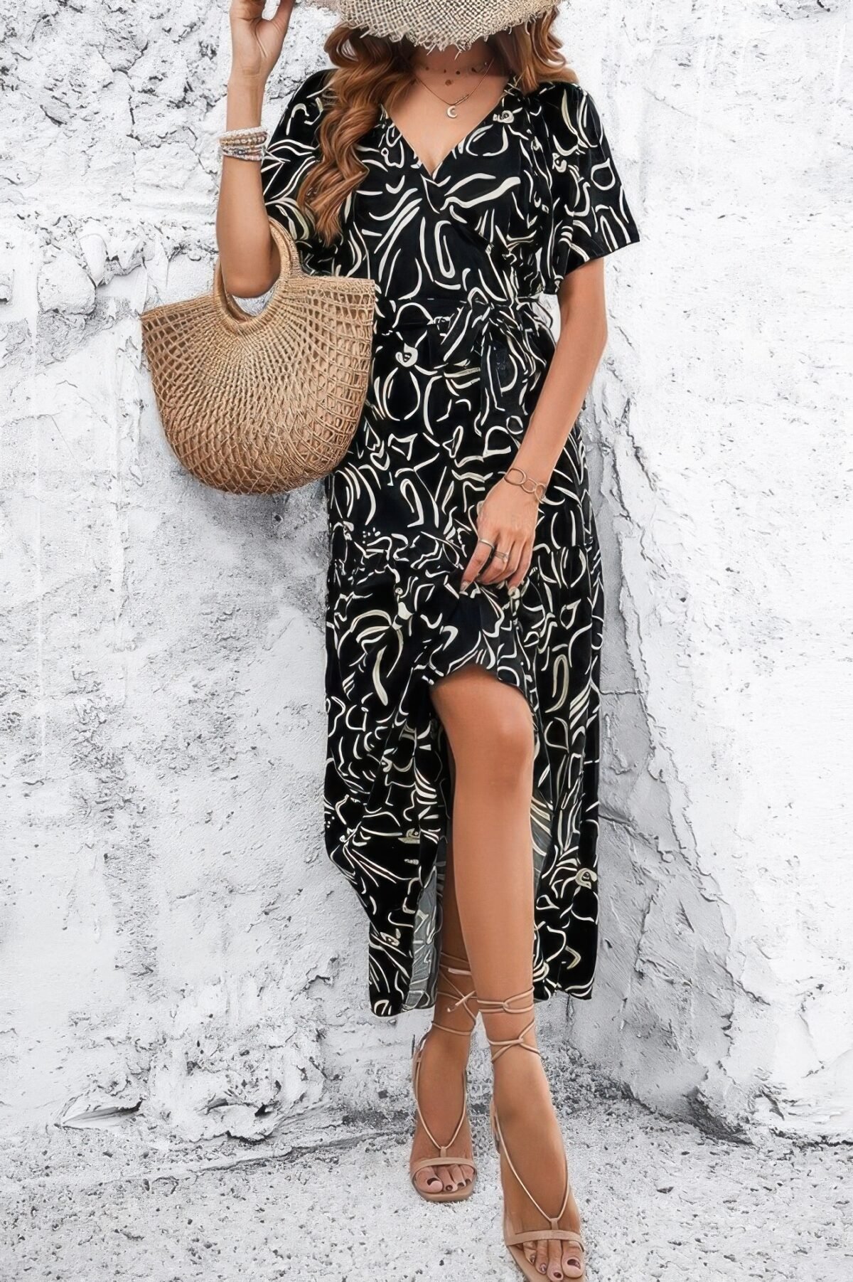 Allover Print V Neck Fit Belt A Line Long Dress - Image 6