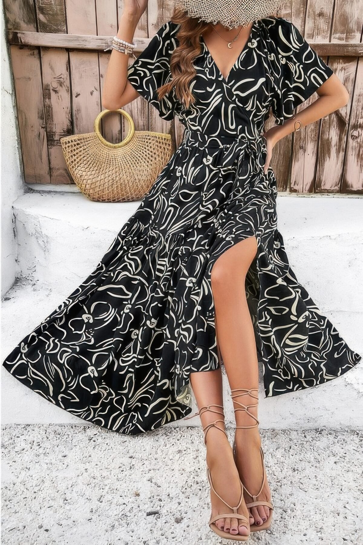Allover Print V Neck Fit Belt A Line Long Dress - Image 7