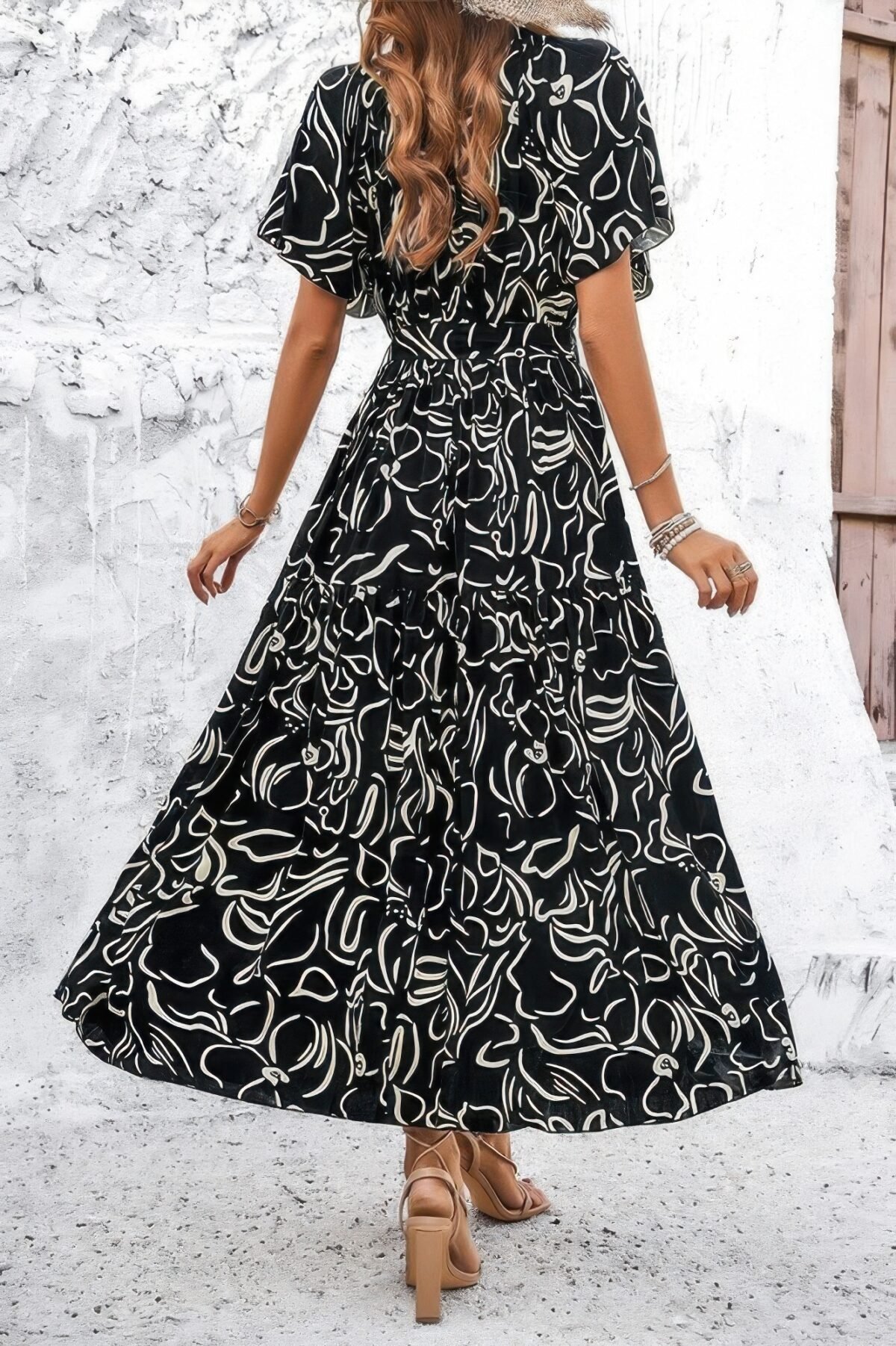 Allover Print V Neck Fit Belt A Line Long Dress - Image 8