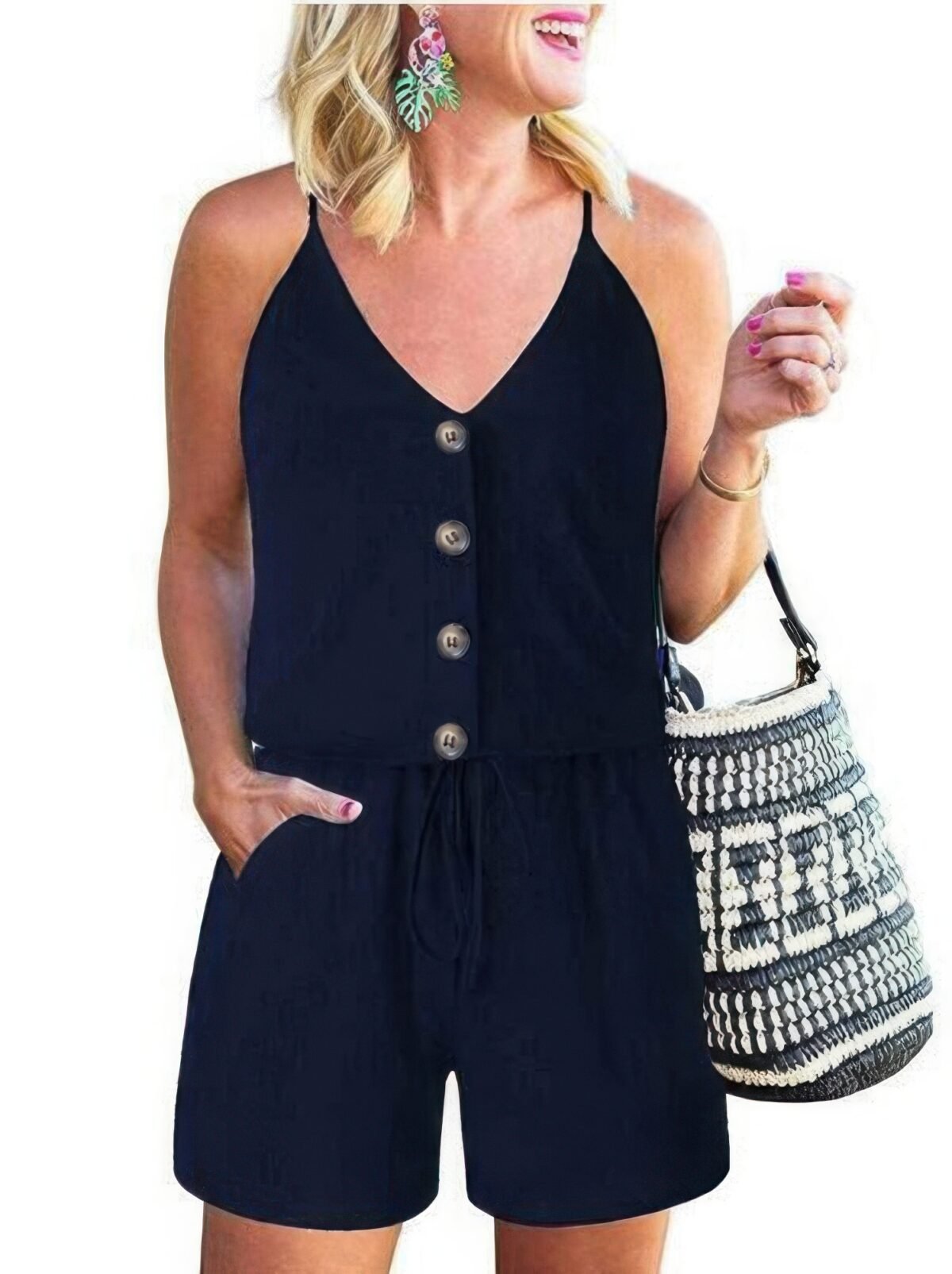 Button Sleeveless Spaghetti Strap Cami Romper - Image 8