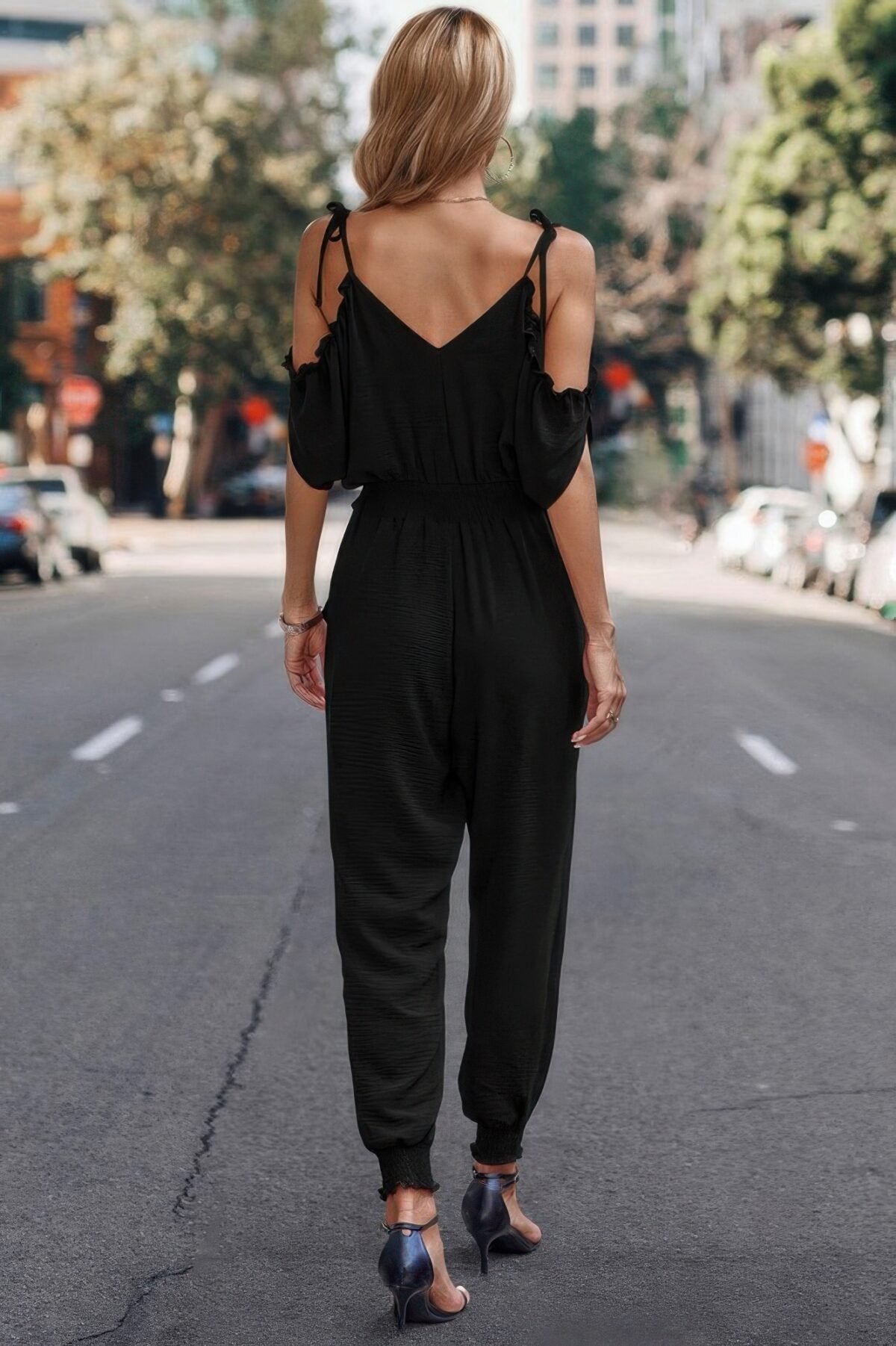 Solid Wrap V Neck Cold Shoulder Outfits Jumpsuit - Image 3