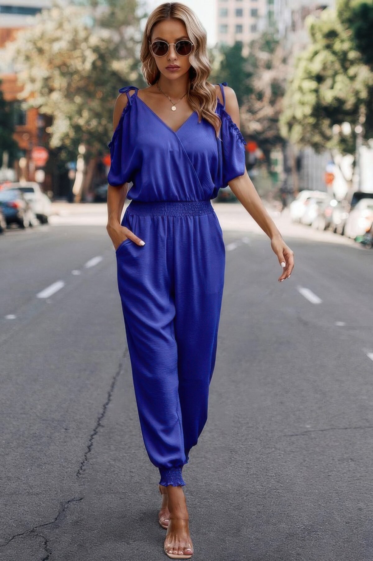 Solid Wrap V Neck Cold Shoulder Outfits Jumpsuit - Image 5
