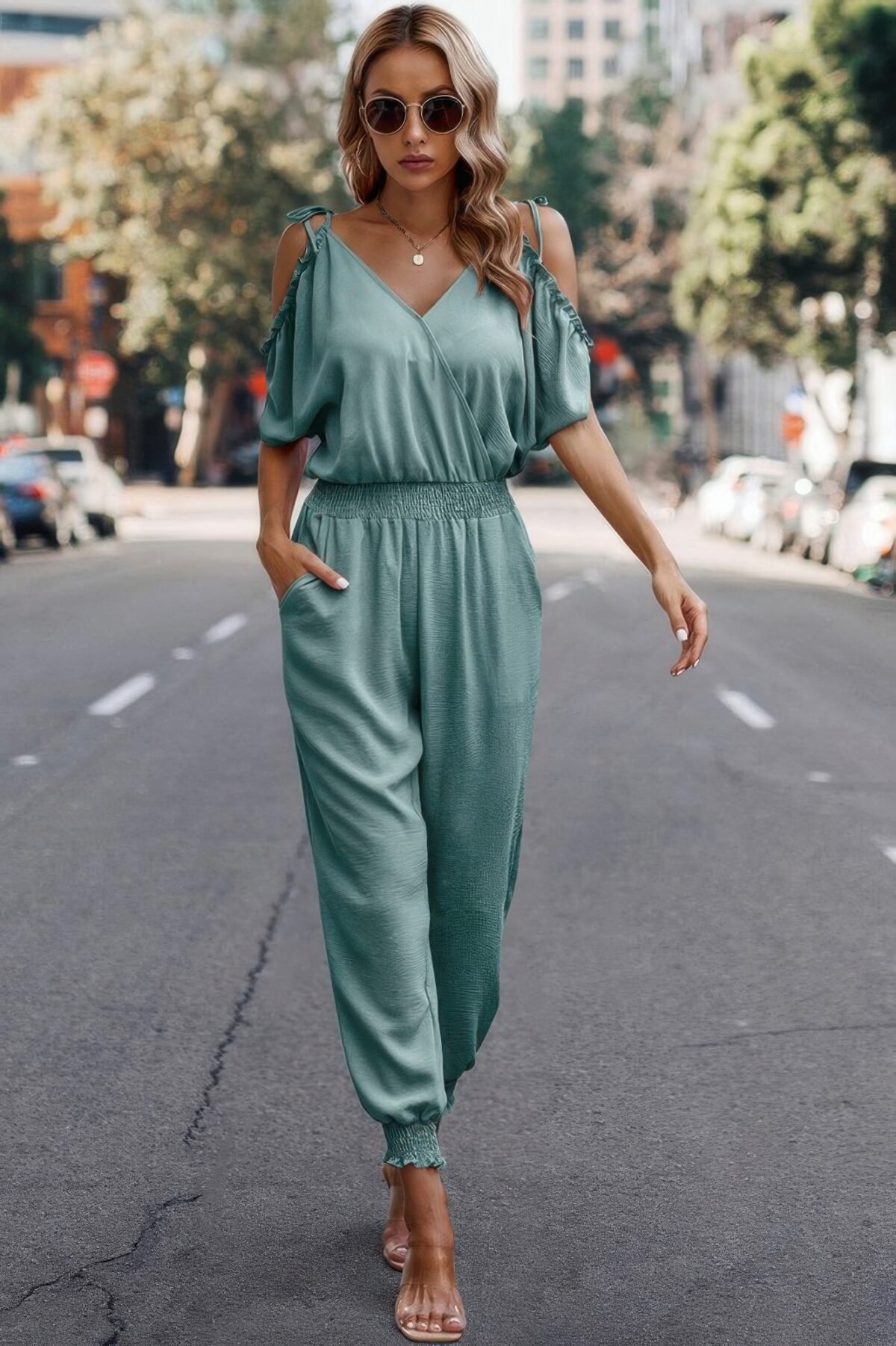 Solid Wrap V Neck Cold Shoulder Outfits Jumpsuit - Image 10