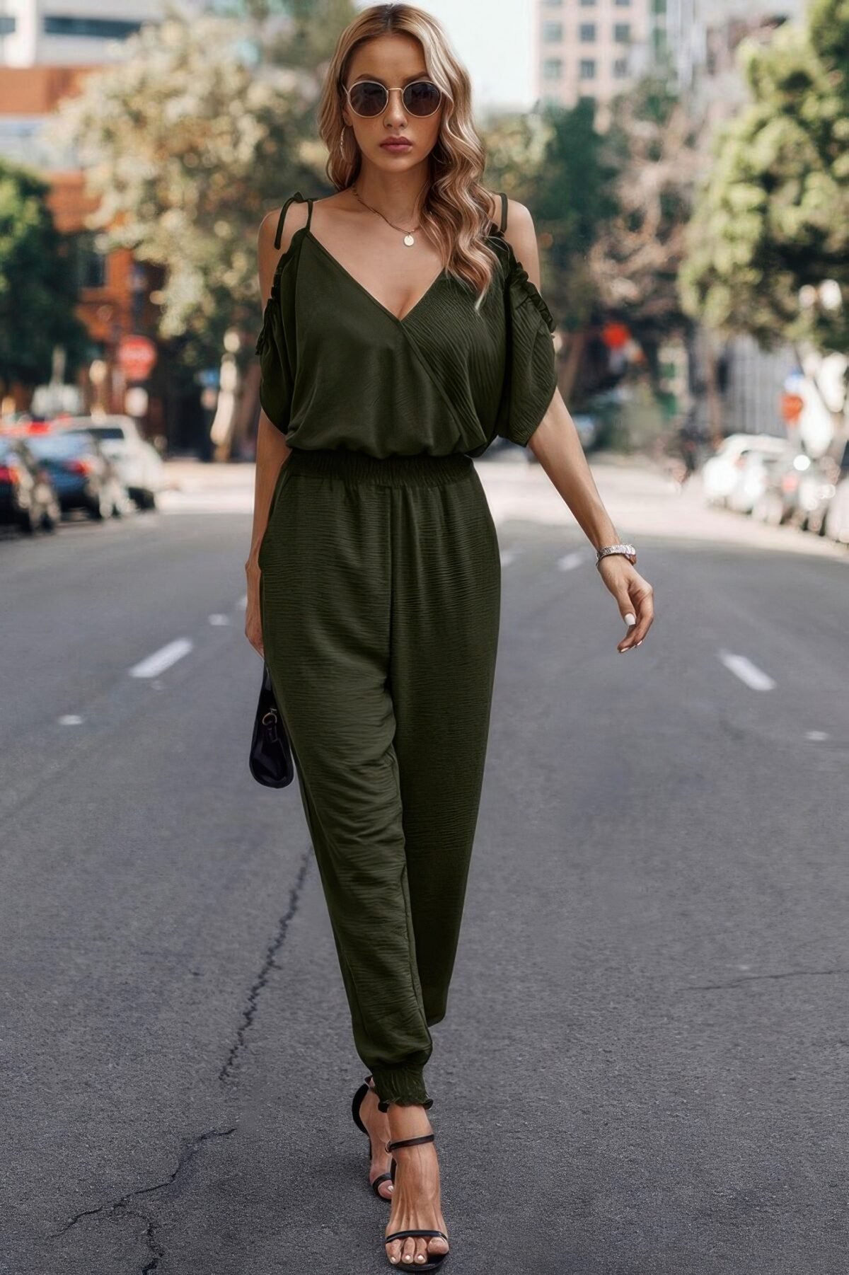 Solid Wrap V Neck Cold Shoulder Outfits Jumpsuit - Image 14