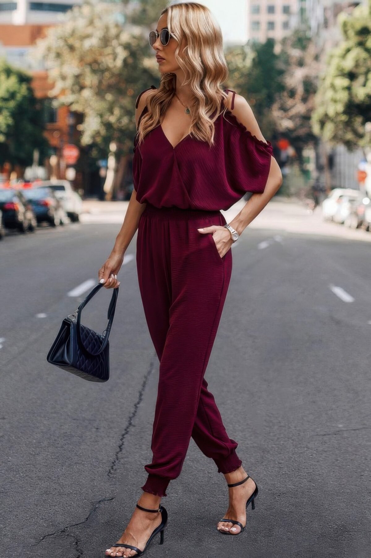 Solid Wrap V Neck Cold Shoulder Outfits Jumpsuit - Image 18