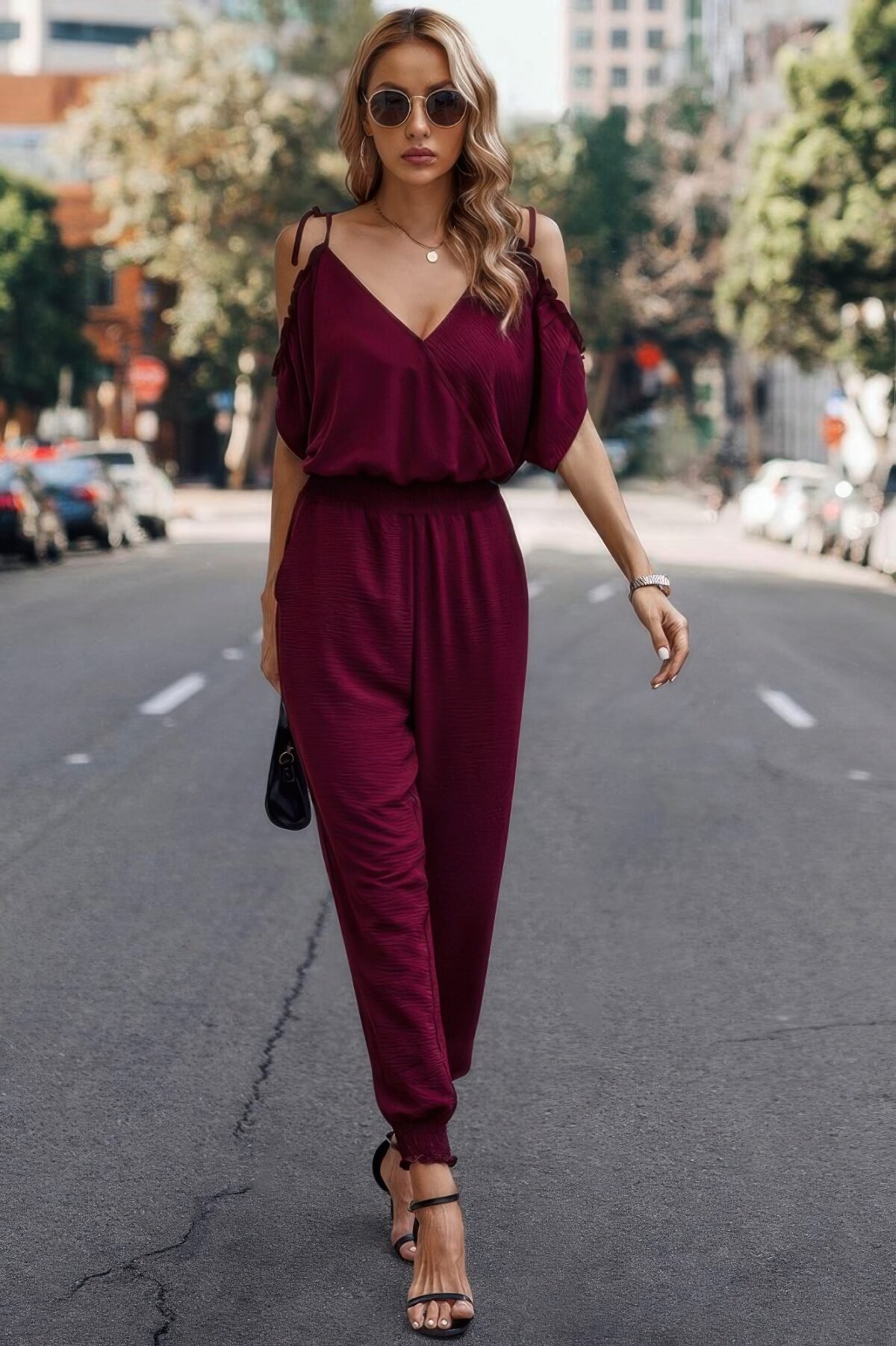 Solid Wrap V Neck Cold Shoulder Outfits Jumpsuit - Image 19