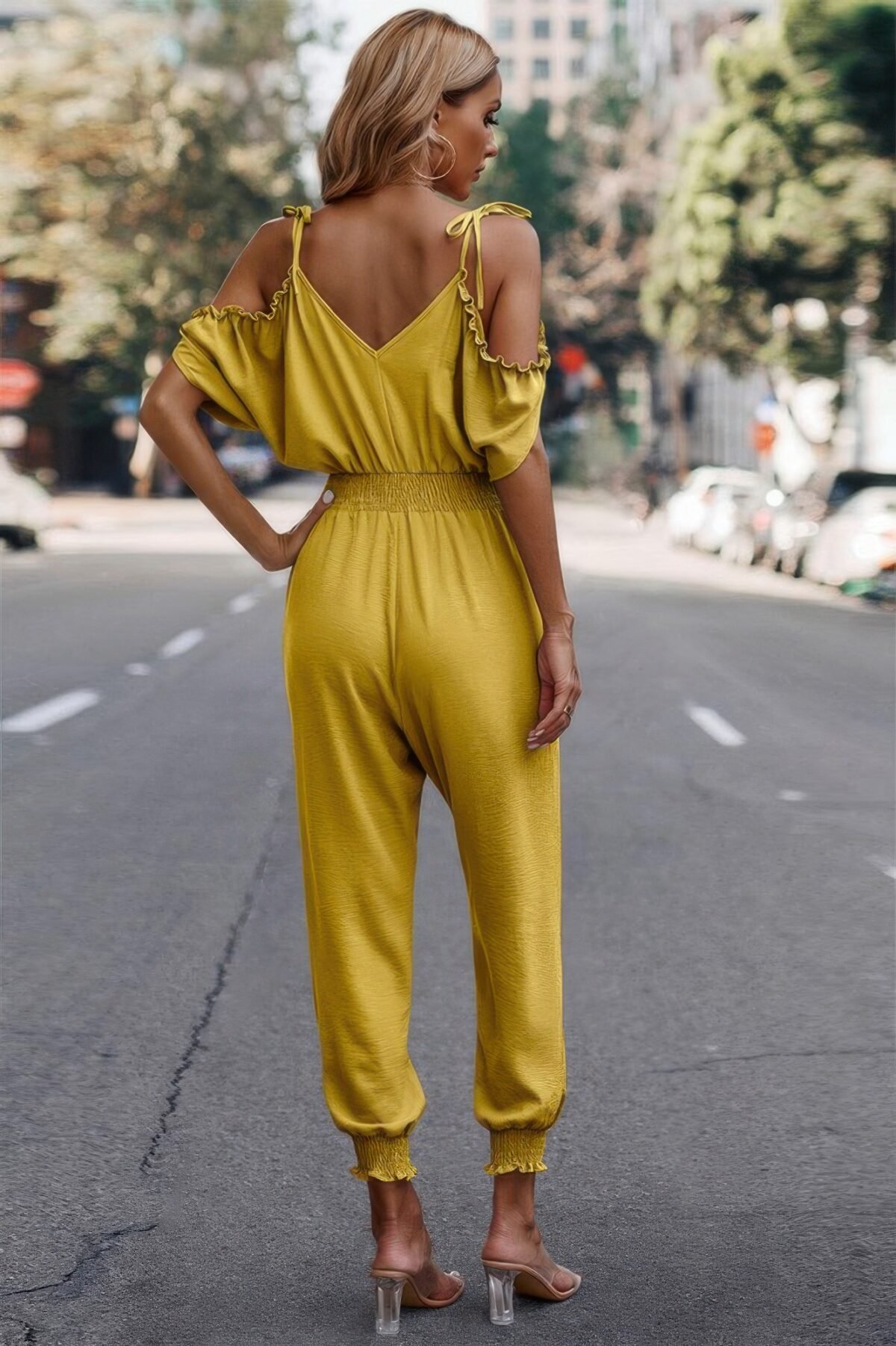 Solid Wrap V Neck Cold Shoulder Outfits Jumpsuit - Image 21
