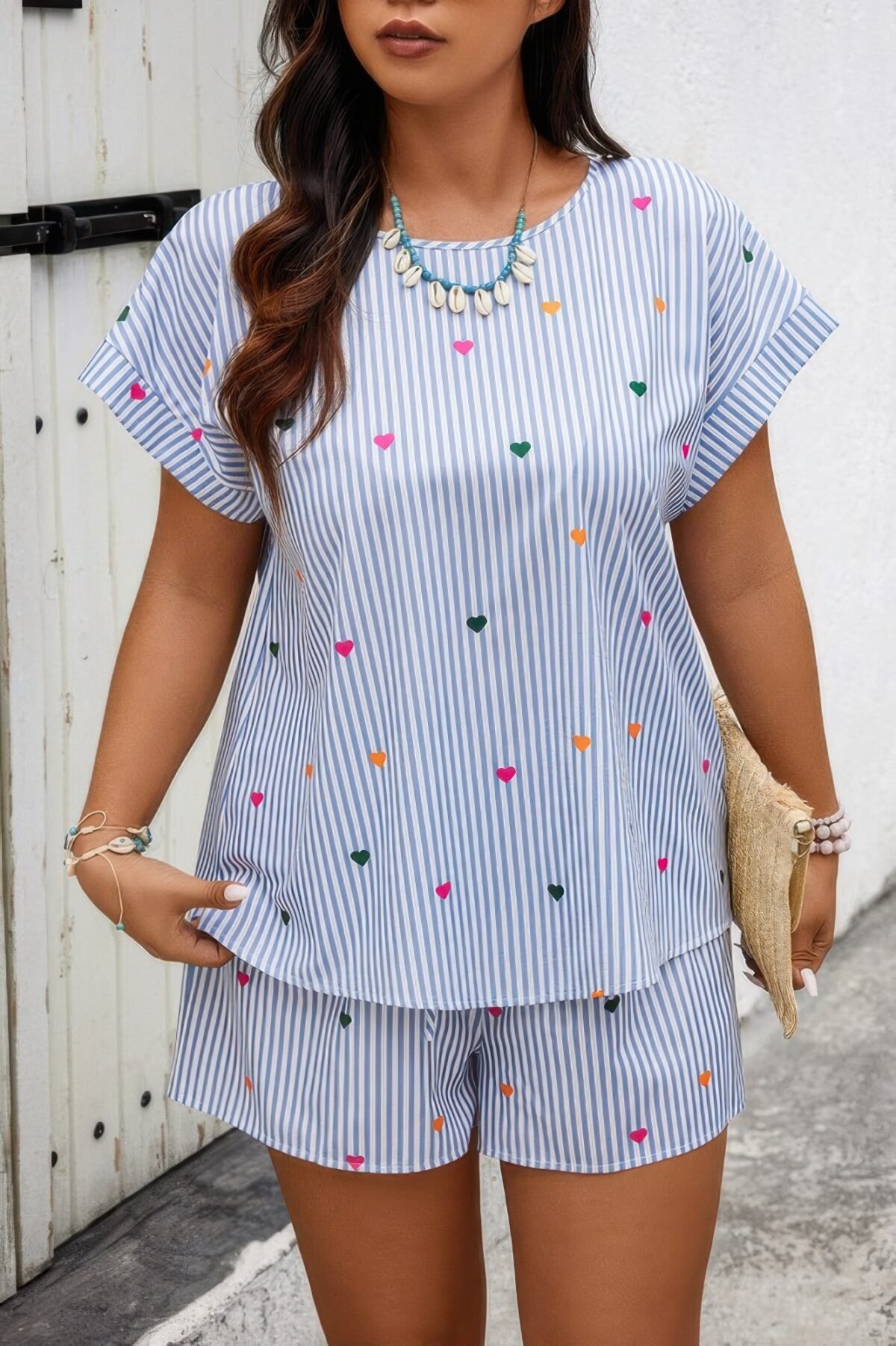 Heart Print Plus Size Two Pieces Strip Loose Sets - Image 2