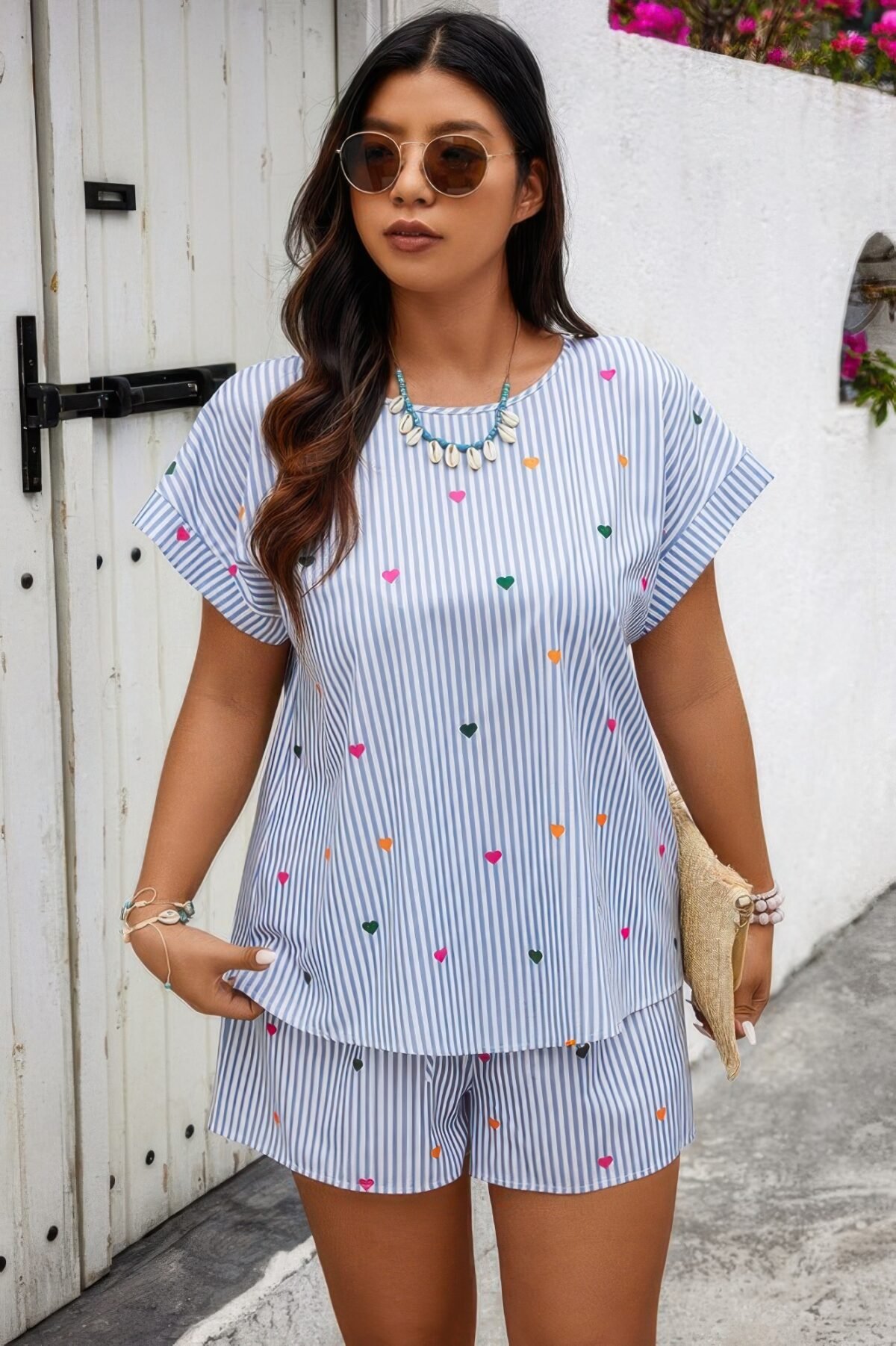 Heart Print Plus Size Two Pieces Strip Loose Sets - Image 3