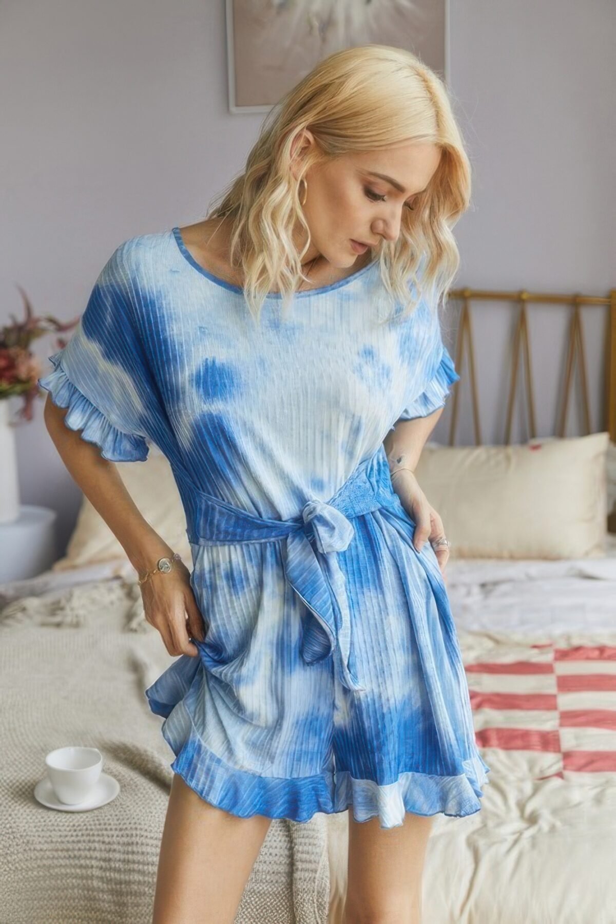 Tie Dye Ribbed Ruffle Tie Waist Pleated Romper - Image 2