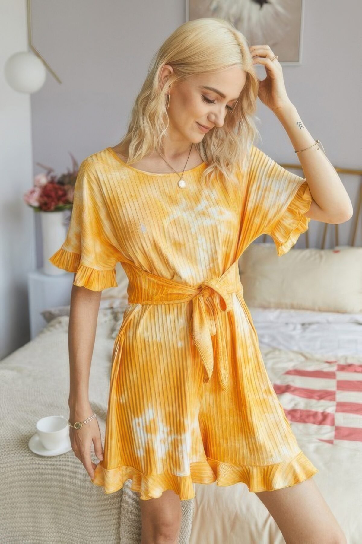 Tie Dye Ribbed Ruffle Tie Waist Pleated Romper - Image 4