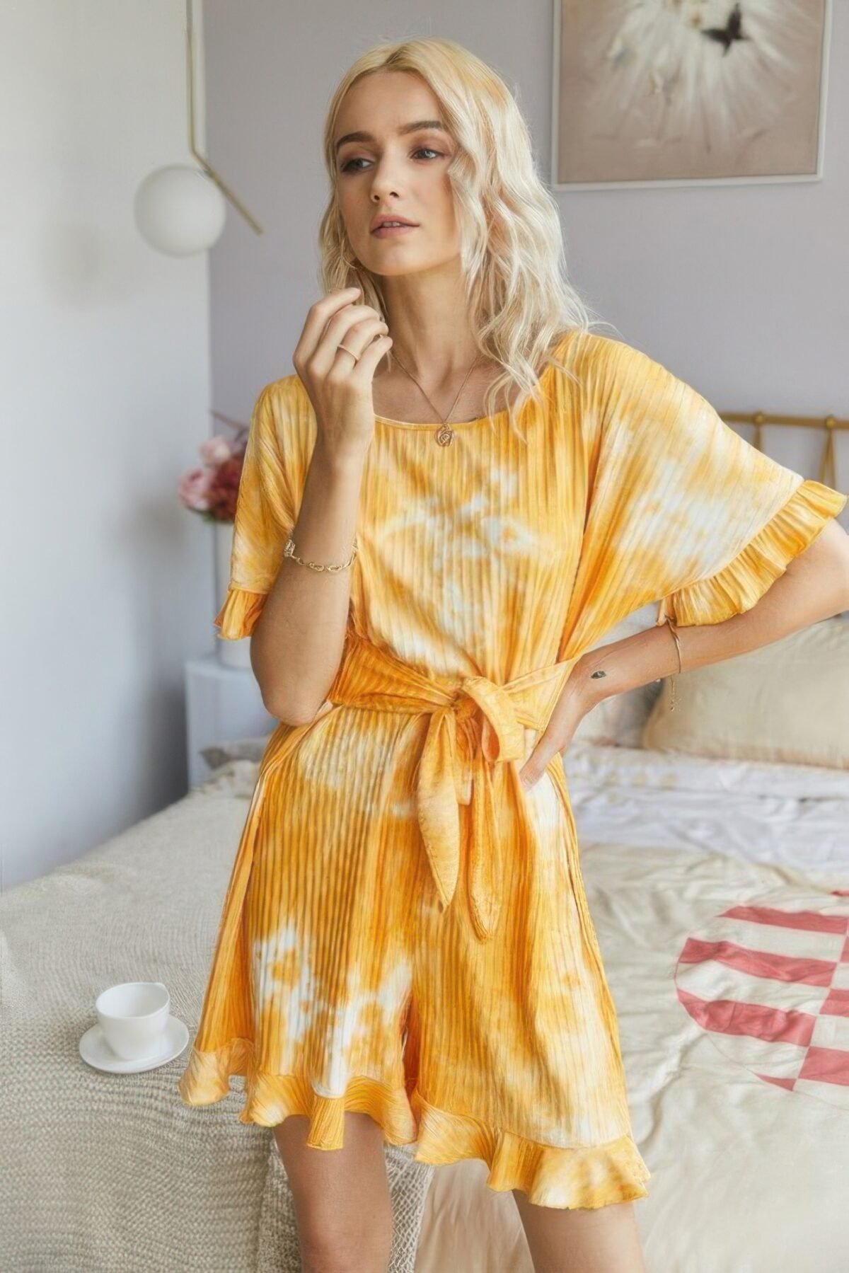 Tie Dye Ribbed Ruffle Tie Waist Pleated Romper - Image 5