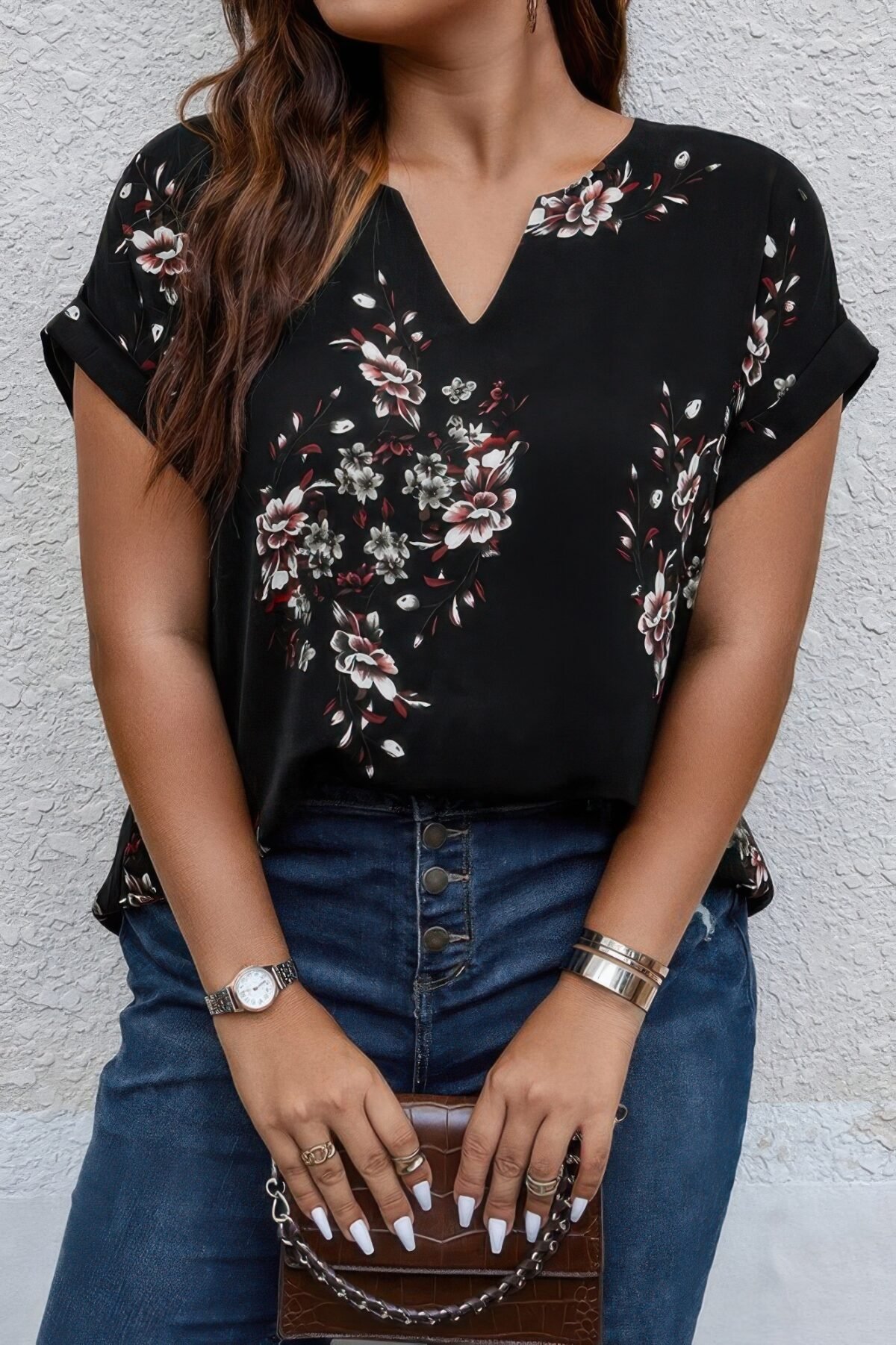 Plus Size Floral Print V Neck Loose Blouse - Image 1
