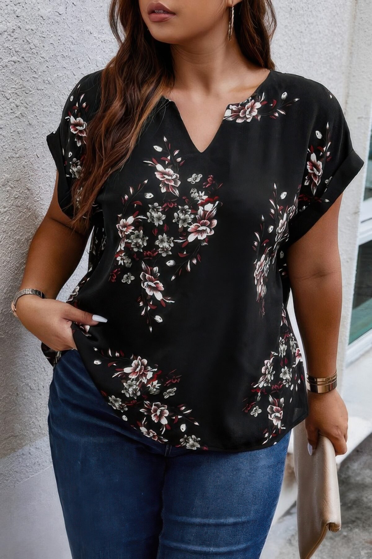 Plus Size Floral Print V Neck Loose Blouse - Image 2