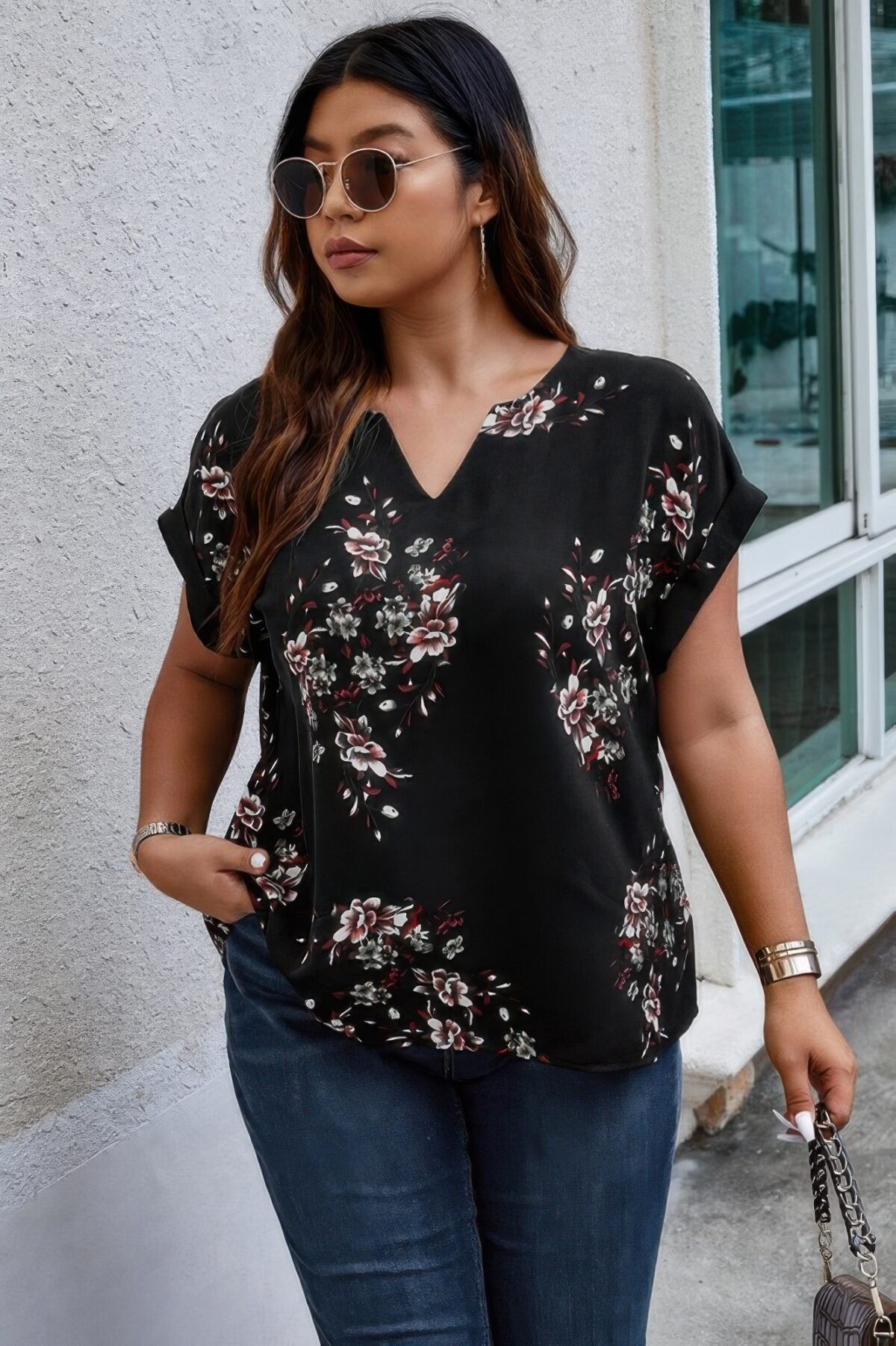 Plus Size Floral Print V Neck Loose Blouse - Image 3