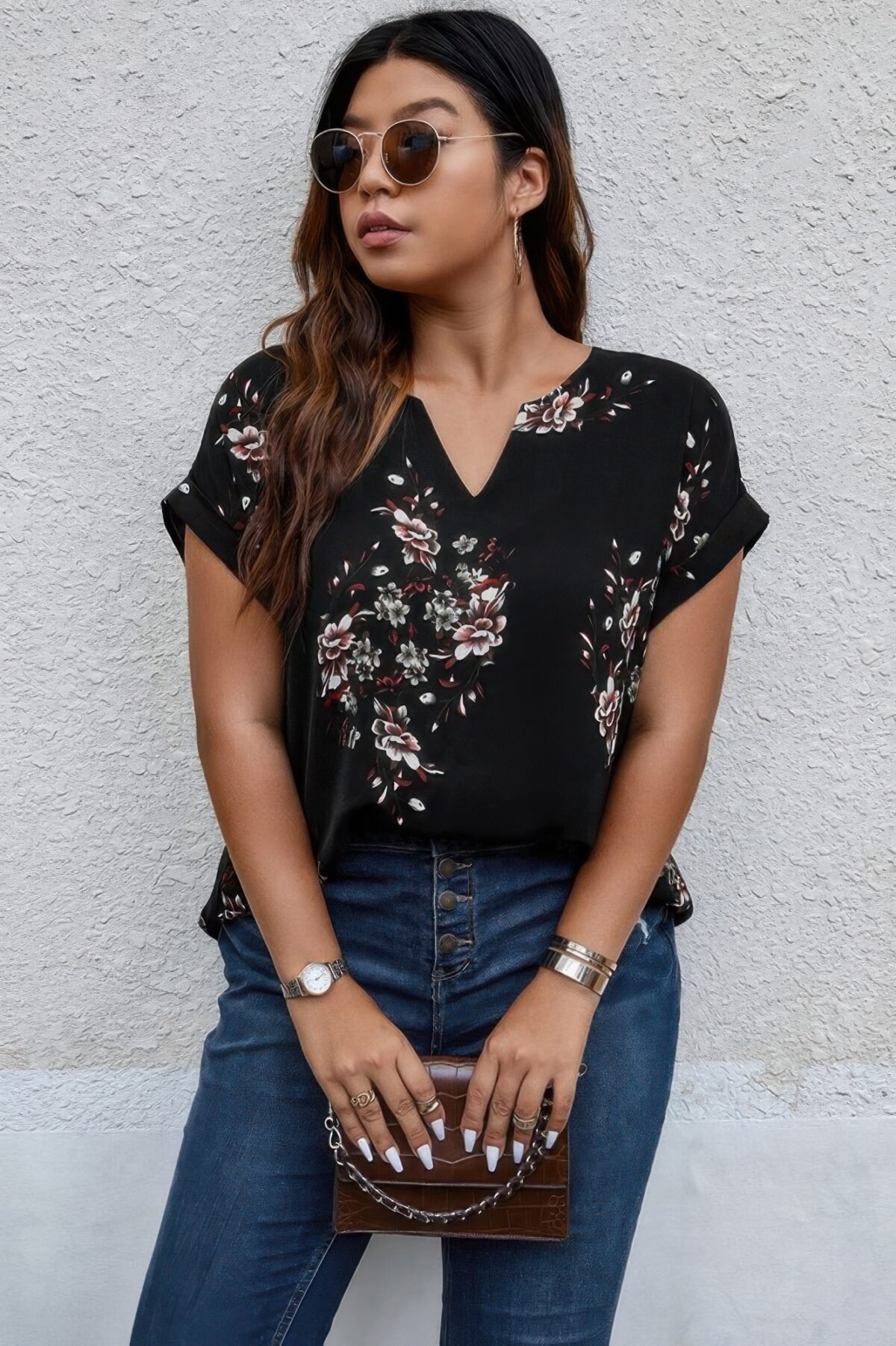 Plus Size Floral Print V Neck Loose Blouse - Image 4
