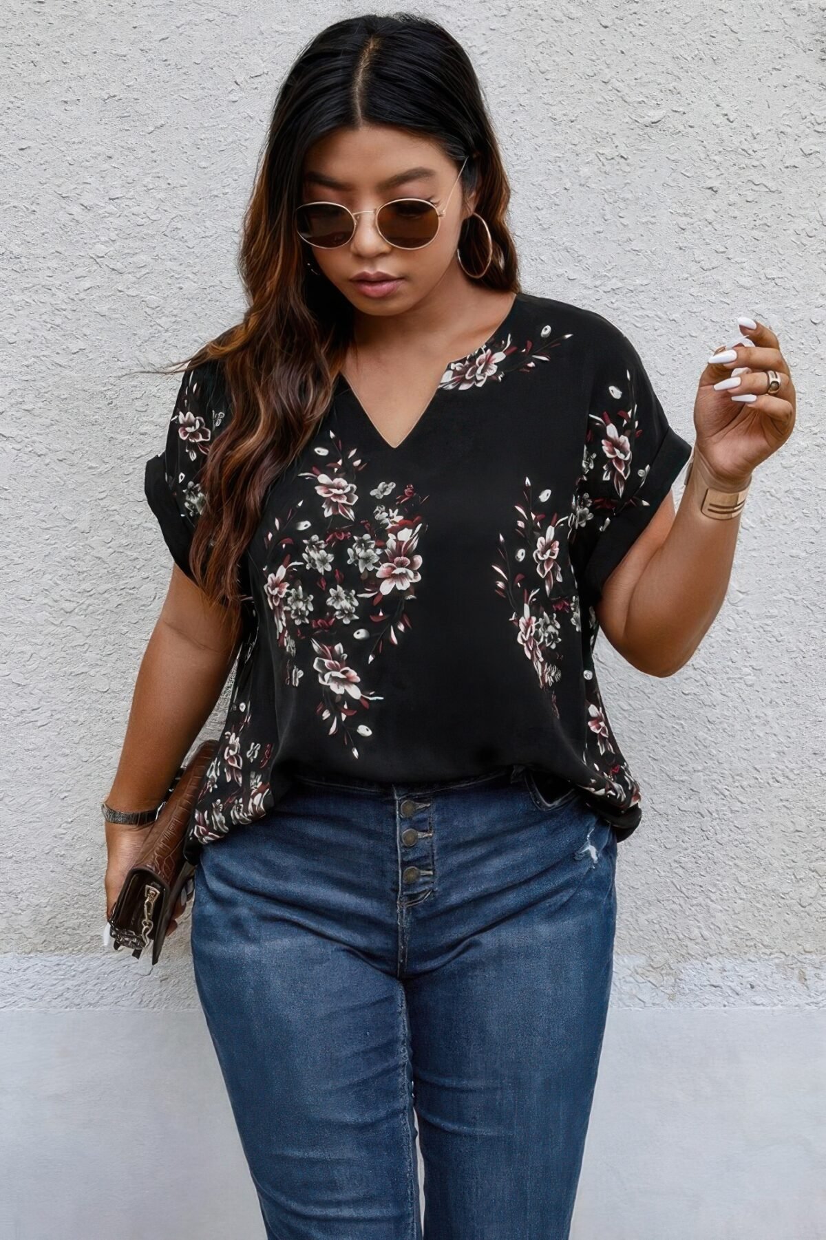Plus Size Floral Print V Neck Loose Blouse - Image 5